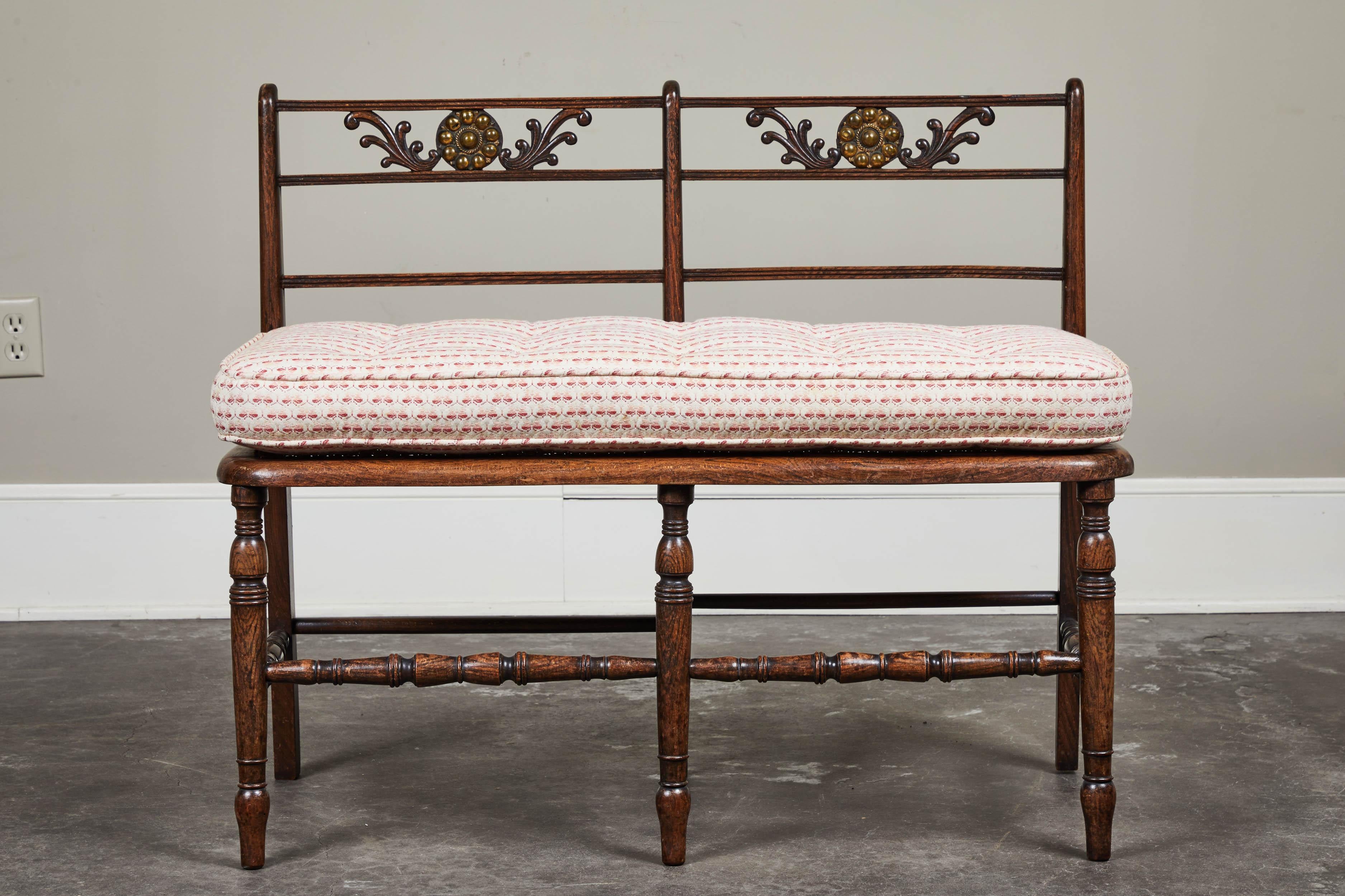 Late 19th Century Rush Seat Wood Bench with Cushion 2