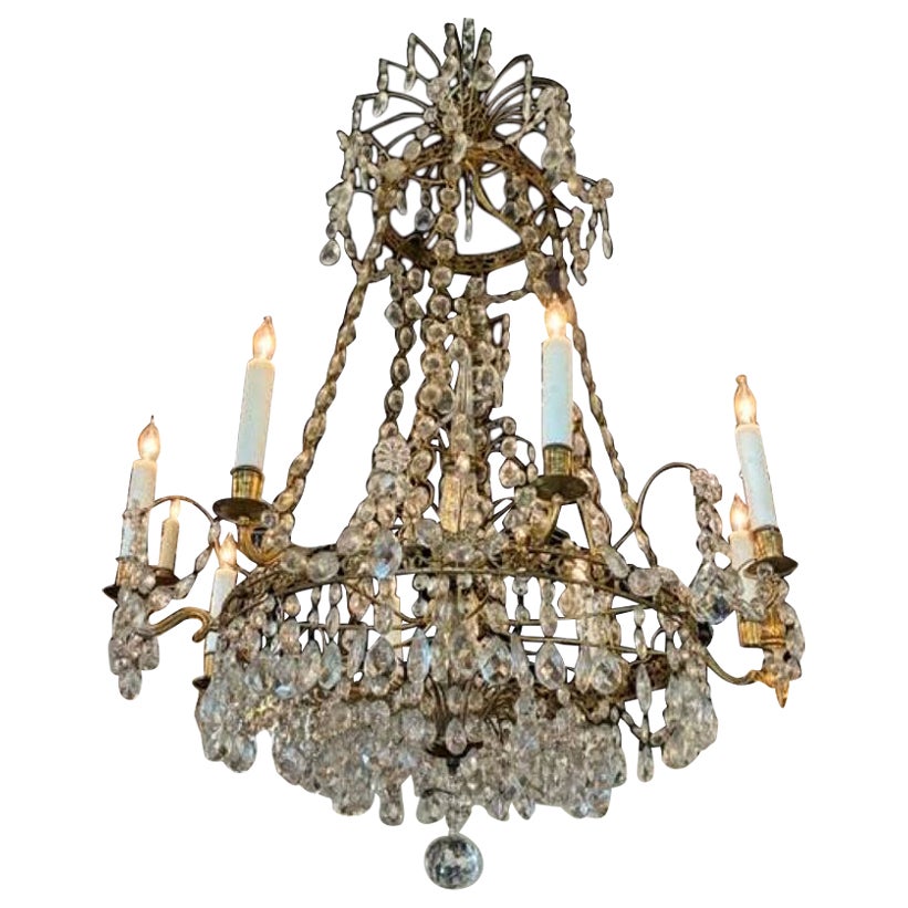 Fine del XIX secolo. Lampadario svedese in cristallo e ottone dorato