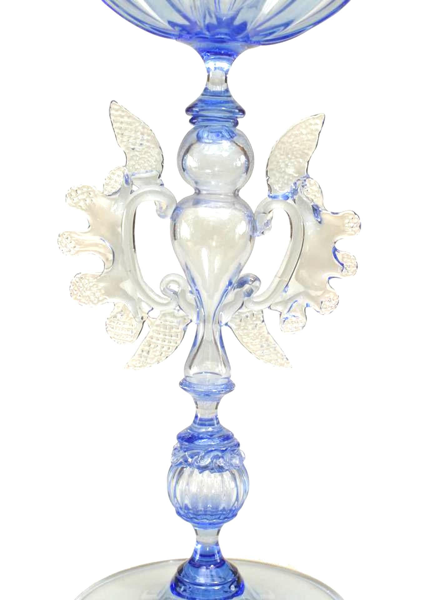 Italian (1890) Venetian Murano light blue glass goblet with open hour glass design pedestal stem.

