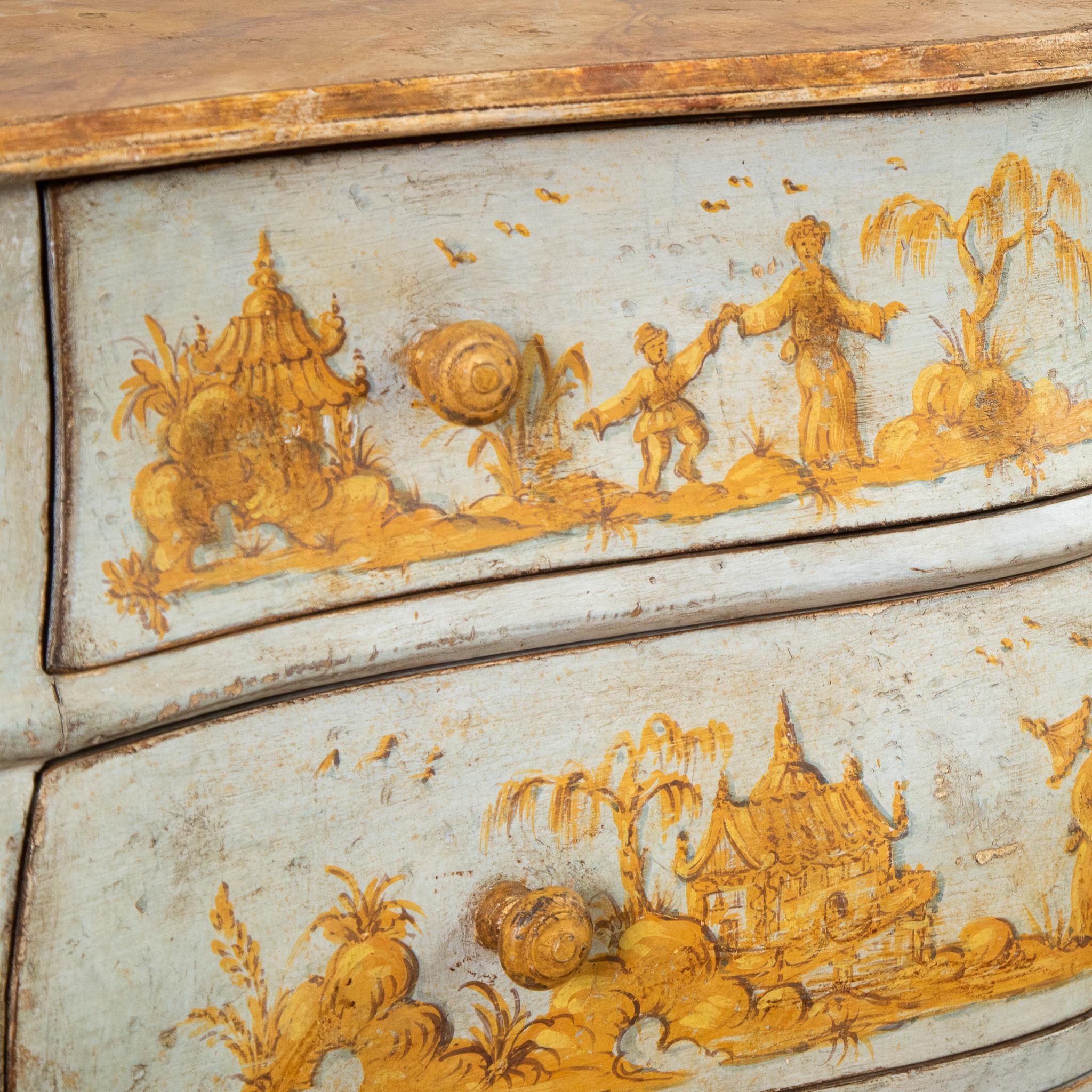 Late 19th C. Venetian Chest Painted in Chinoiserie Stye of Blue & Yellow Ochres For Sale 2