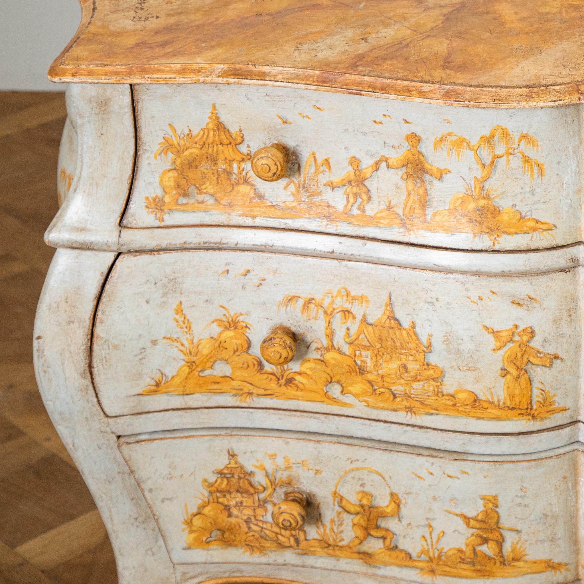 Late 19th C. Venetian Chest Painted in Chinoiserie Stye of Blue & Yellow Ochres For Sale 4
