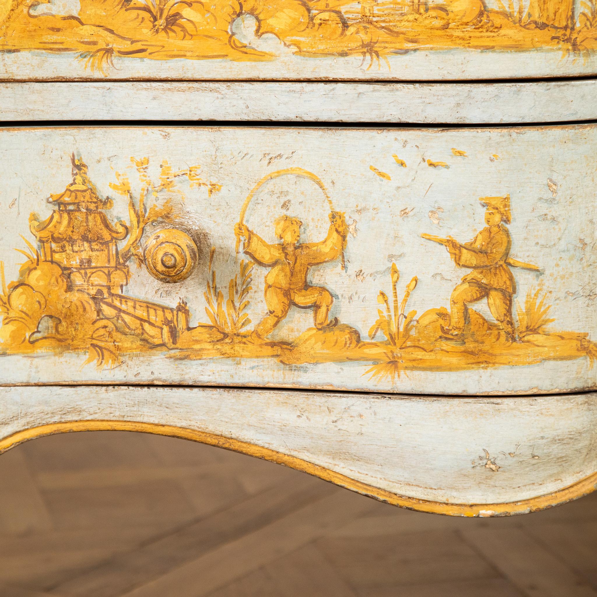 Late 19th C. Venetian Chest Painted in Chinoiserie Stye of Blue & Yellow Ochres For Sale 5