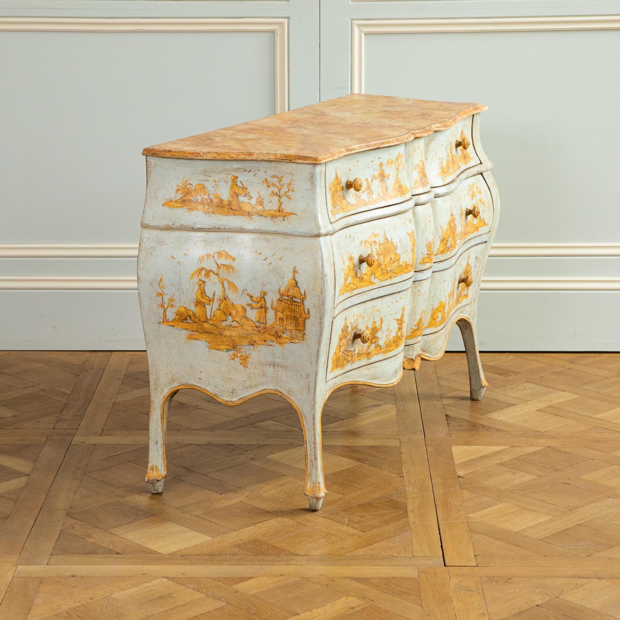 Louis XV Late 19th C. Venetian Chest Painted in Chinoiserie Stye of Blue & Yellow Ochres For Sale