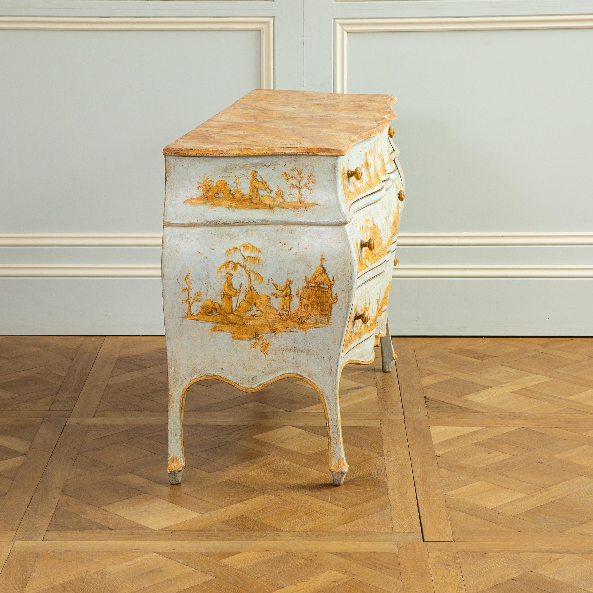 Italian Late 19th C. Venetian Chest Painted in Chinoiserie Stye of Blue & Yellow Ochres For Sale