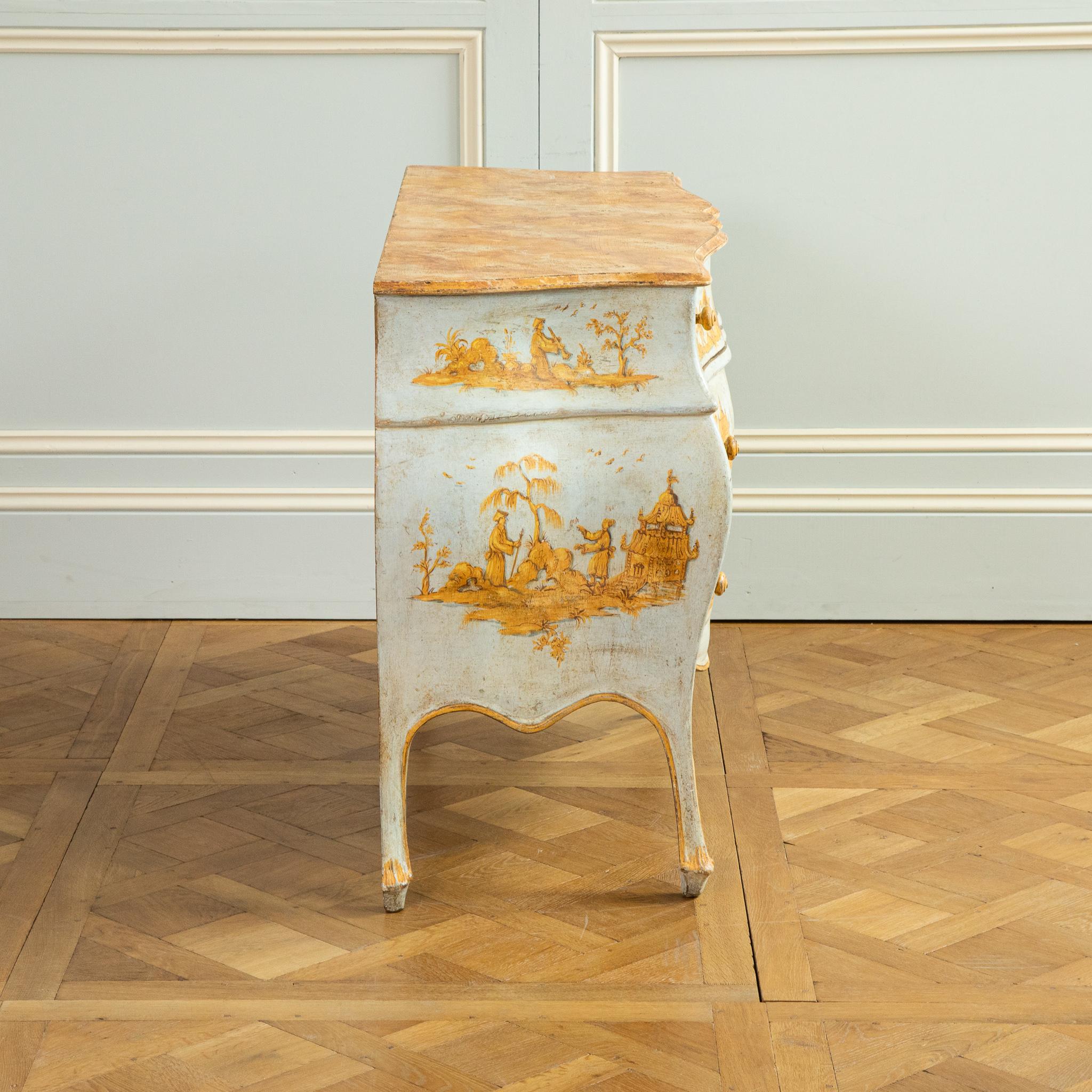 Hand-Painted Late 19th C. Venetian Chest Painted in Chinoiserie Stye of Blue & Yellow Ochres For Sale