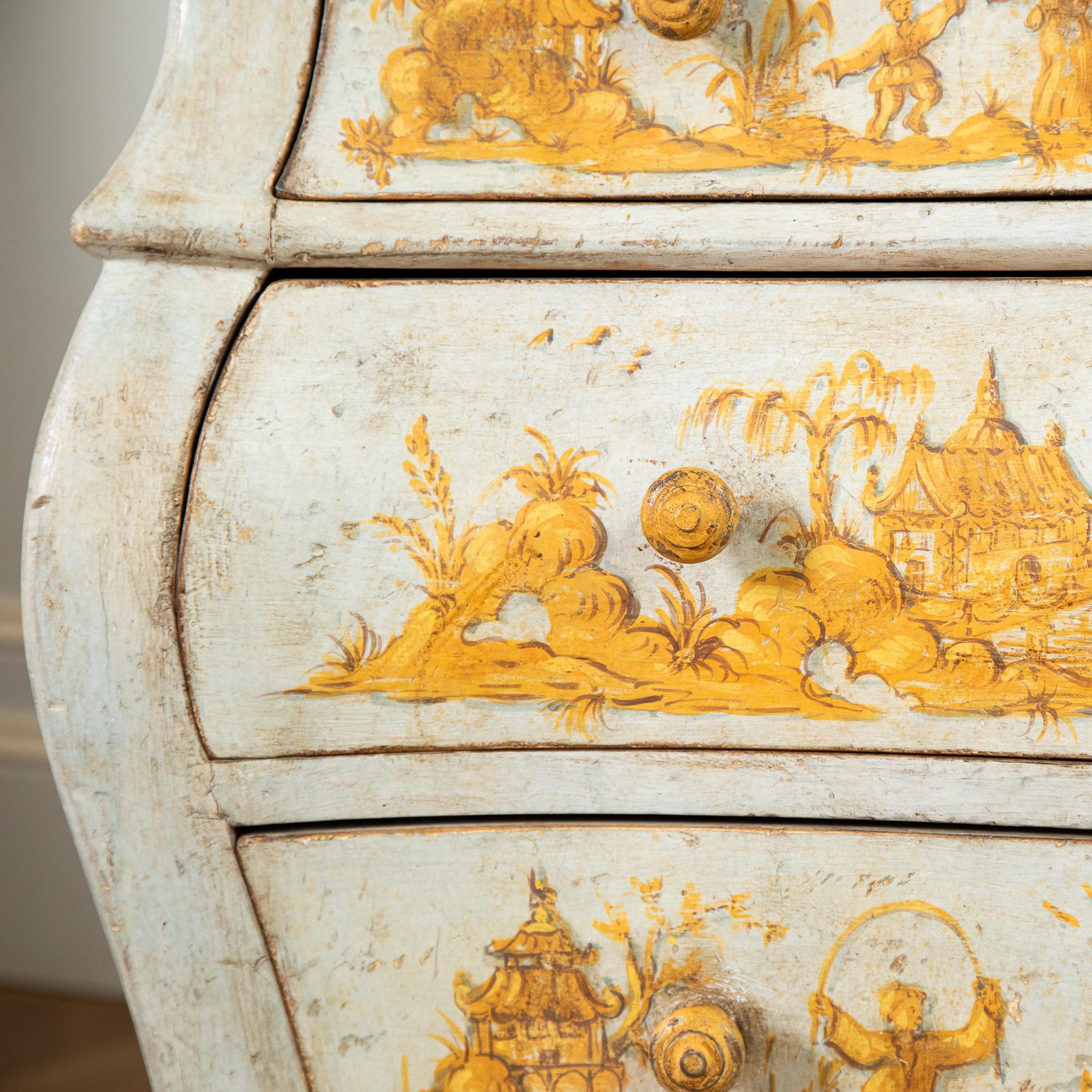 Late 19th C. Venetian Chest Painted in Chinoiserie Stye of Blue & Yellow Ochres For Sale 1