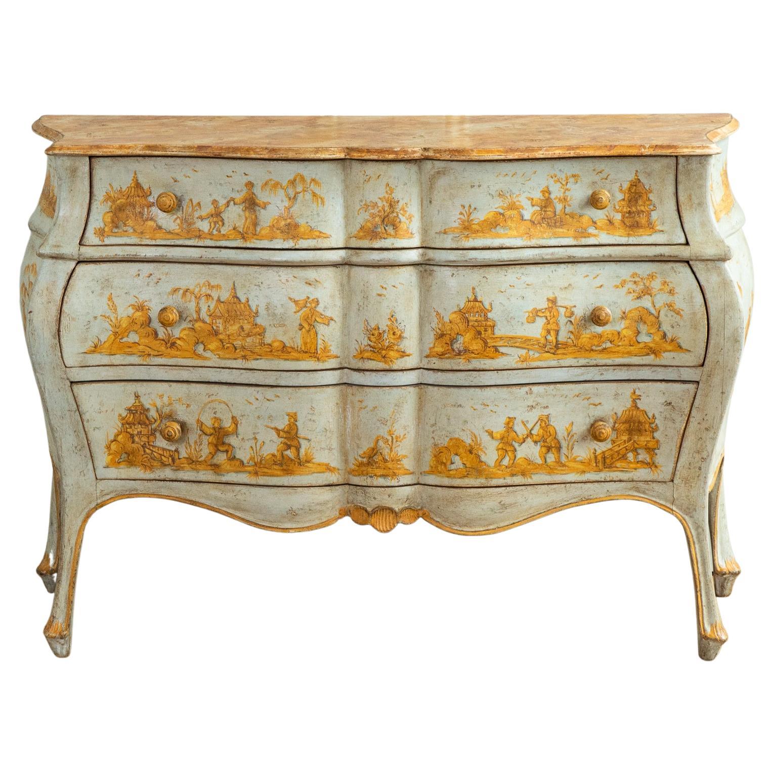 Late 19th C. Venetian Chest Painted in Chinoiserie Stye of Blue & Yellow Ochres For Sale