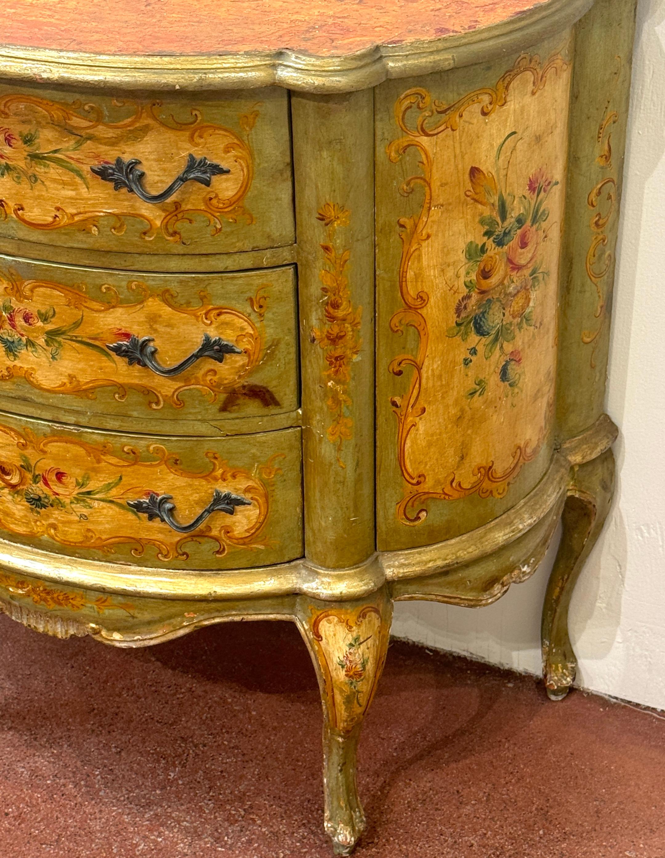Rococo Revival Late 19th C. Venetian Polychromed Chest / Commode with Marbleized Cartouche Top For Sale