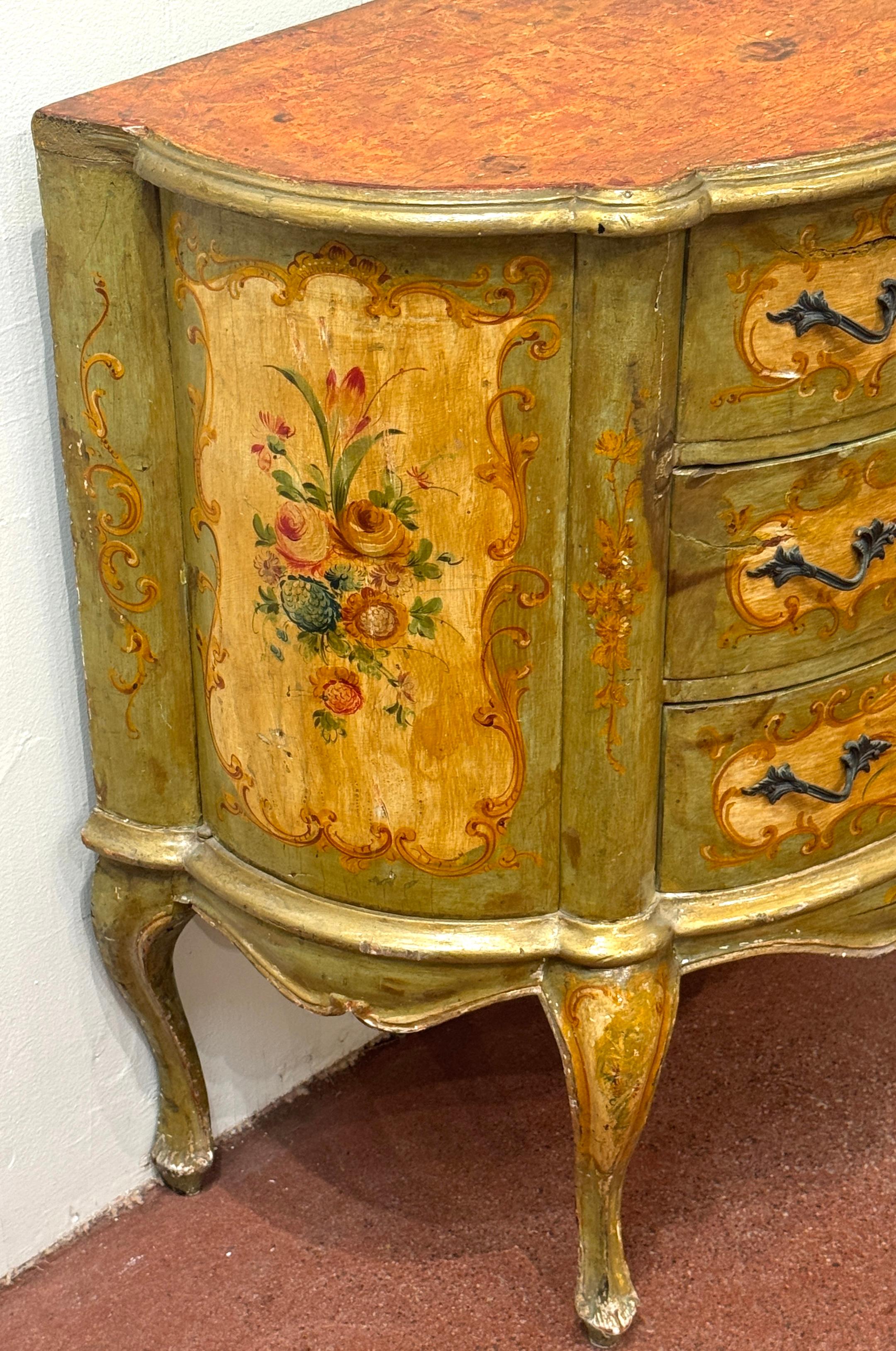 19th Century Late 19th C. Venetian Polychromed Chest / Commode with Marbleized Cartouche Top For Sale