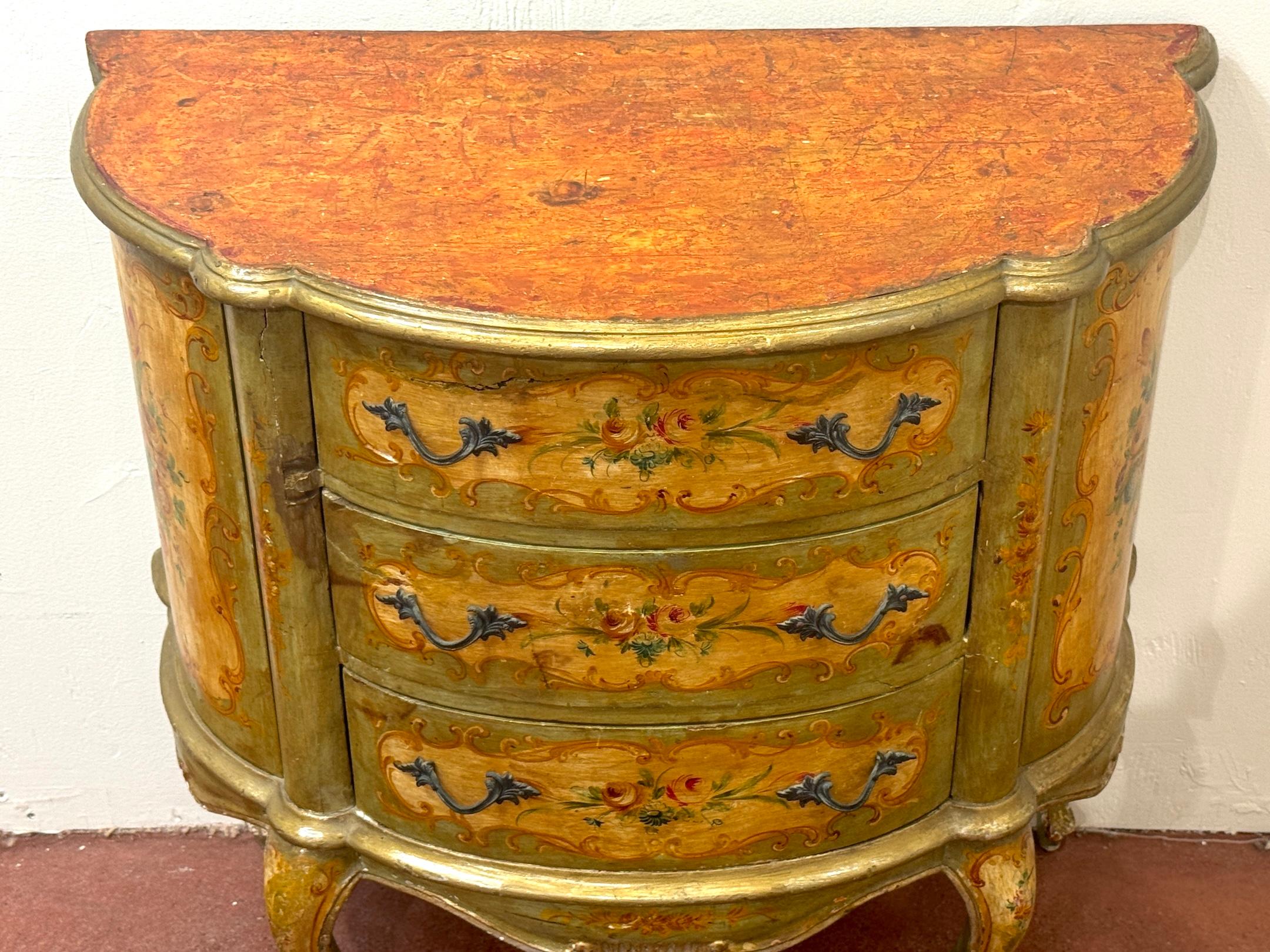 Brass Late 19th C. Venetian Polychromed Chest / Commode with Marbleized Cartouche Top For Sale
