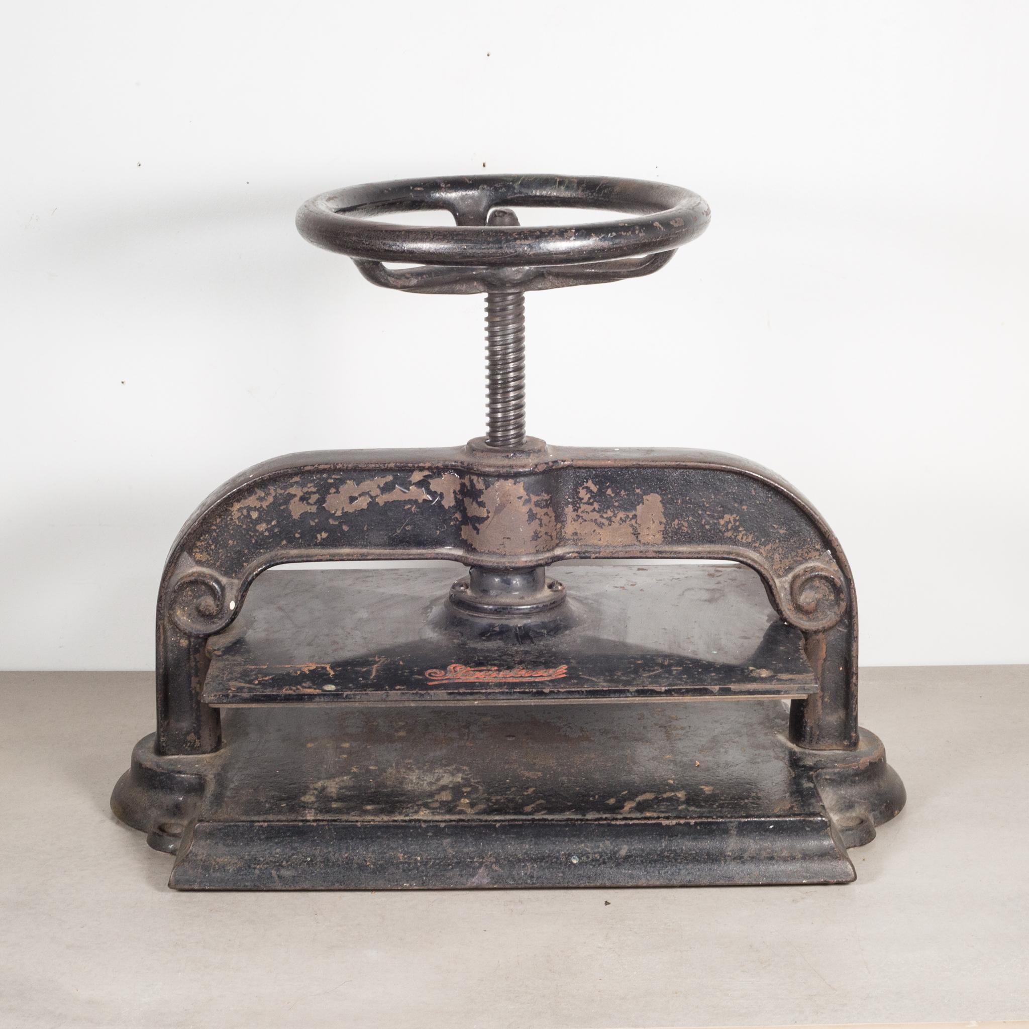 About

This is an antique cast iron wheel book binding press. The handle works properly and moves up and down. The book press has retained some of the original labels on the front and back and is structurally sound.

Creator Standard.
Date of