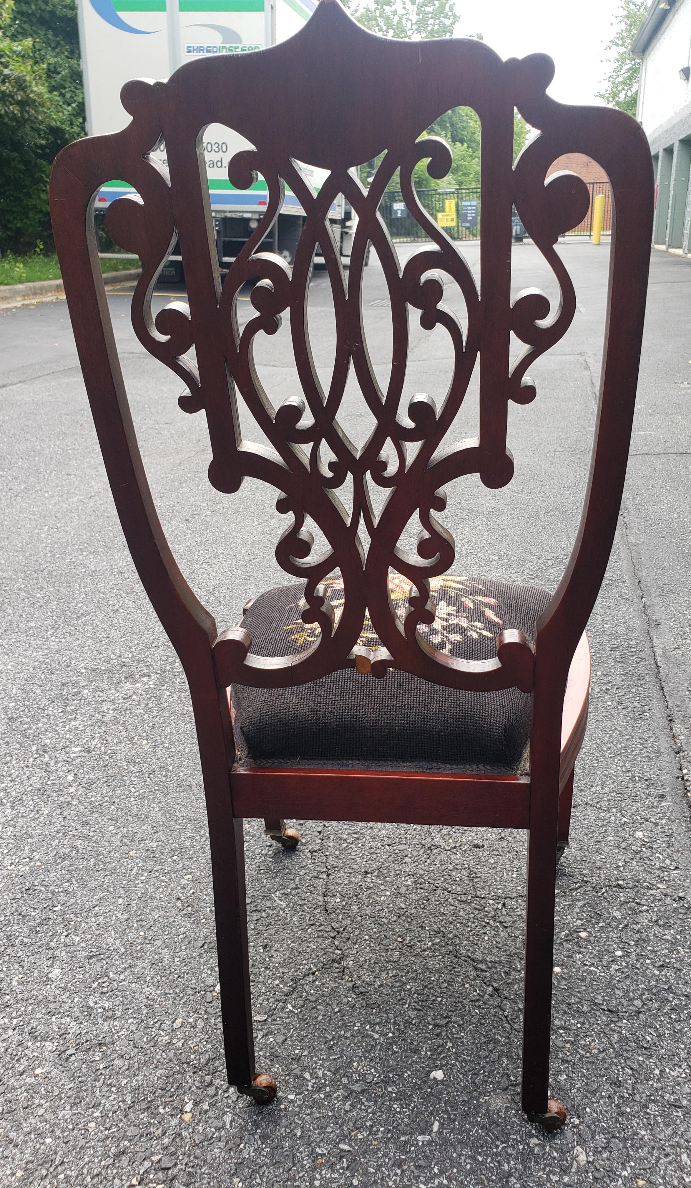 Late 19th C. Victorian Mahogany and Needlepoint Upholstered Side Chair on Wheels For Sale 3