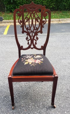Late 19th C. Victorian Mahogany and Needlepoint Upholstered Side Chair on Wheels