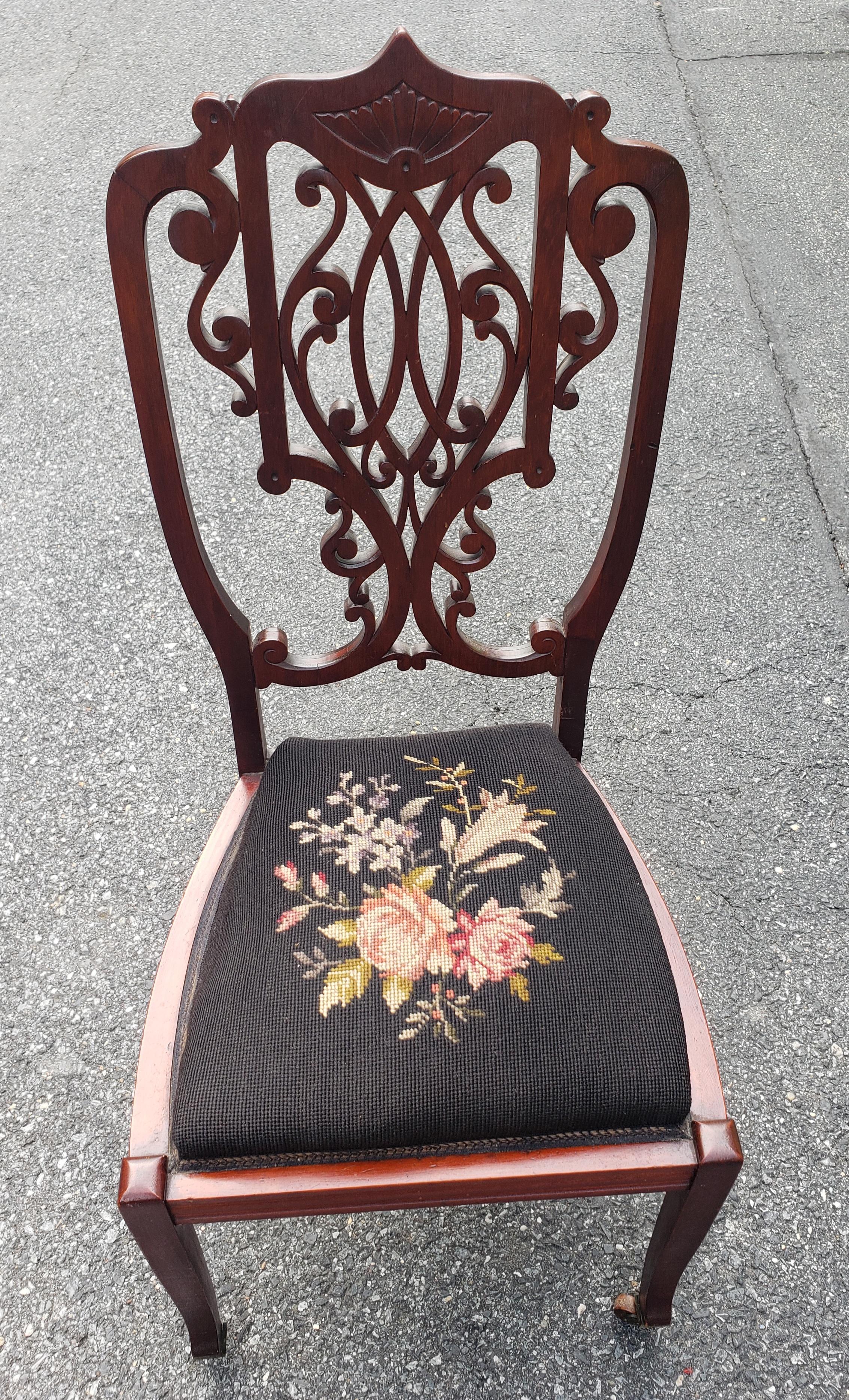 North American Late 19th C. Victorian Mahogany and Needlepoint Upholstered Side Chair on Wheels For Sale