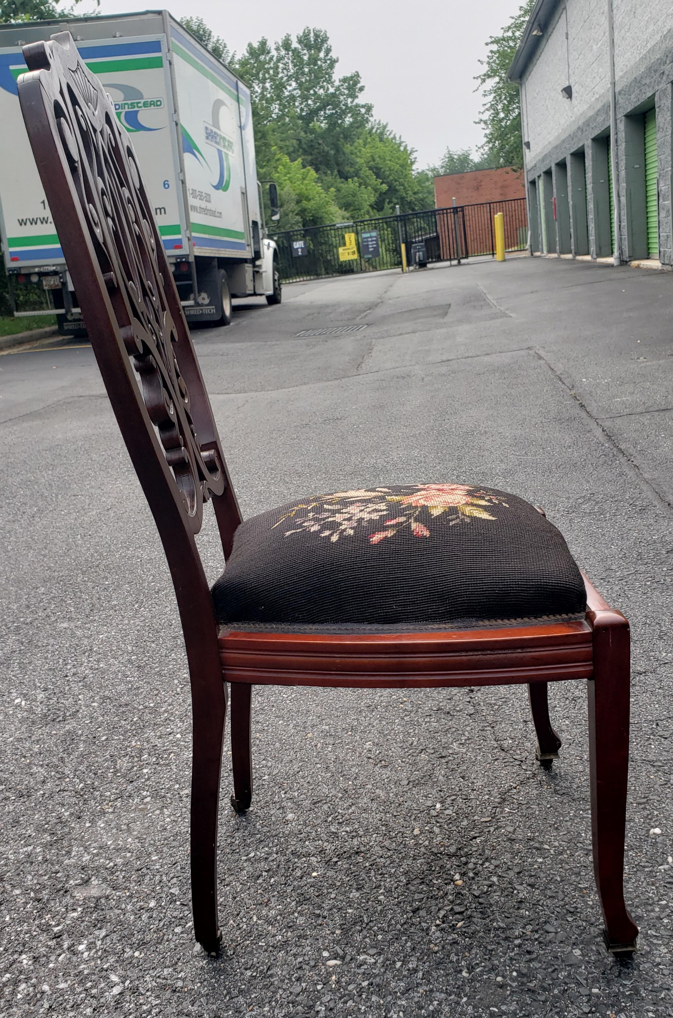 Late 19th C. Victorian Mahogany and Needlepoint Upholstered Side Chair on Wheels In Good Condition For Sale In Germantown, MD