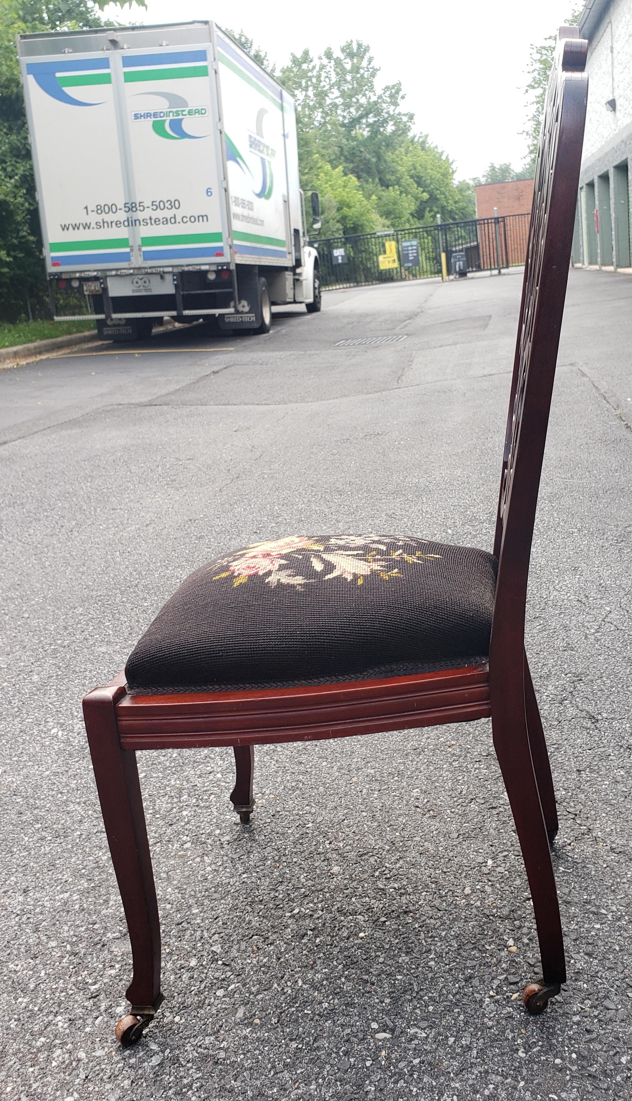19th Century Late 19th C. Victorian Mahogany and Needlepoint Upholstered Side Chair on Wheels For Sale