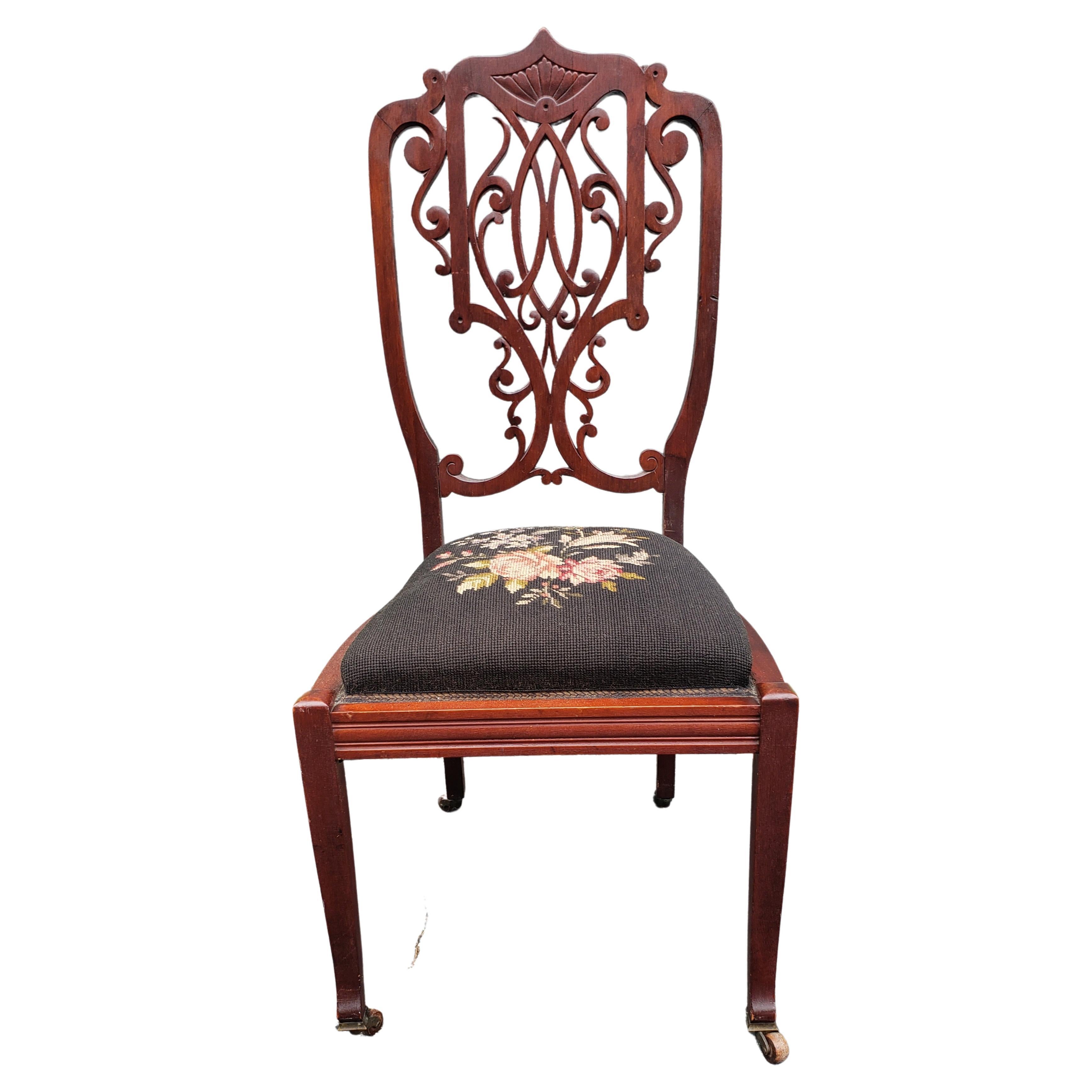 Late 19th C. Victorian Mahogany and Needlepoint Upholstered Side Chair on Wheels For Sale