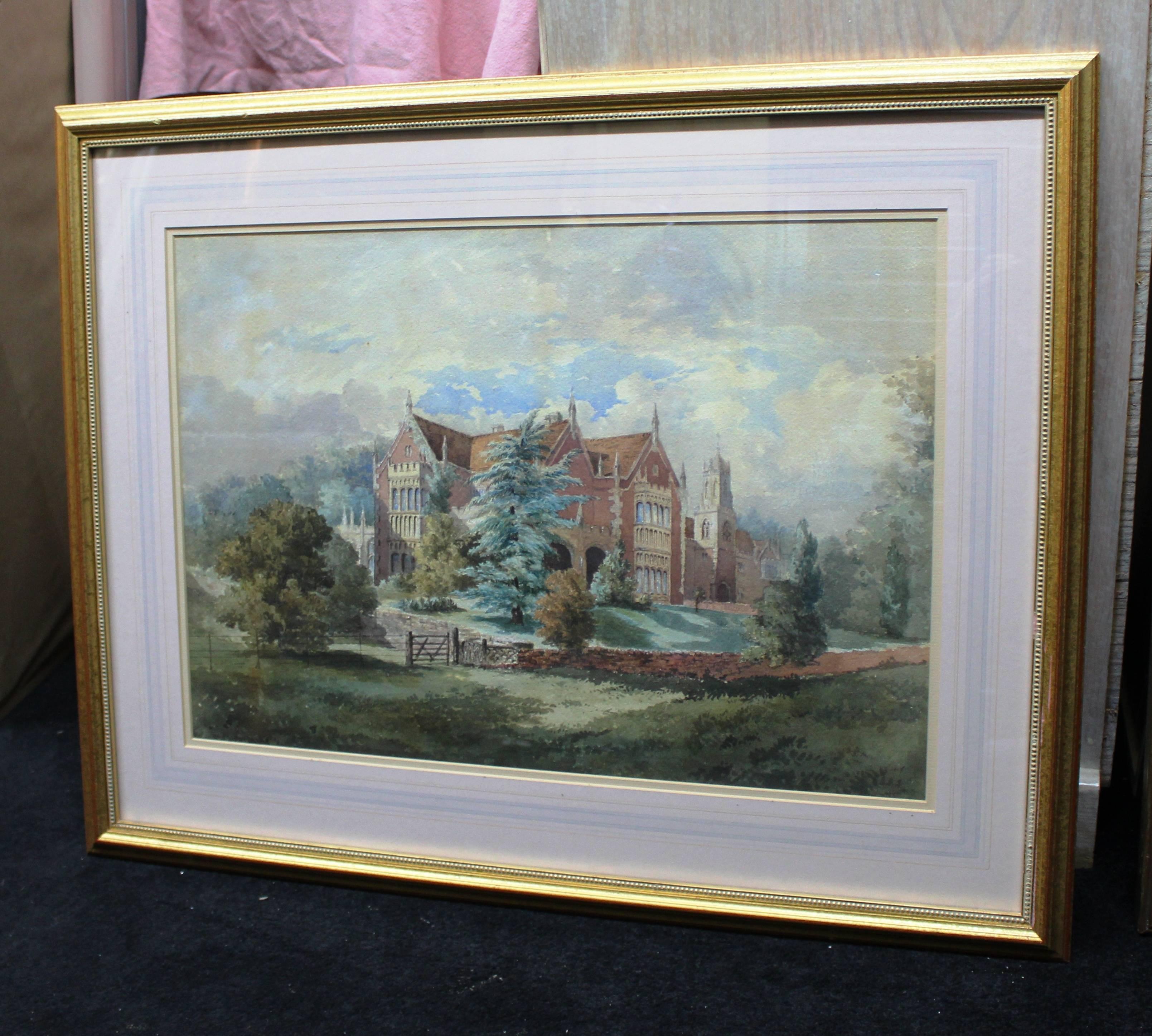 Paint Late 19th Century Watercolor of an English Stately Home For Sale