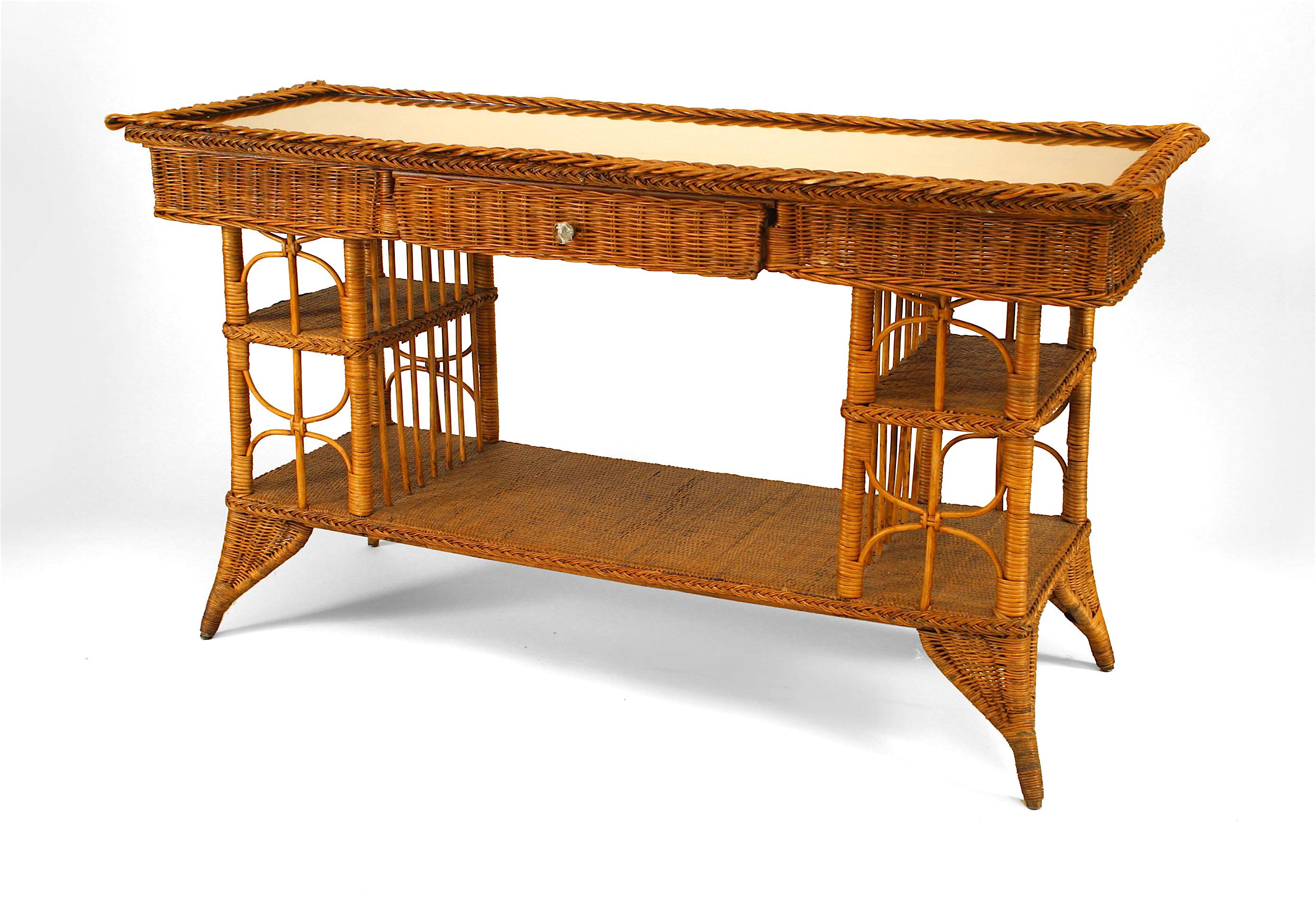 American Victorian natural wicker davenport table with drawer and side shelves with a glass panel over an oak top. (attributed to HAYWOOD-WAKEFIELD).
