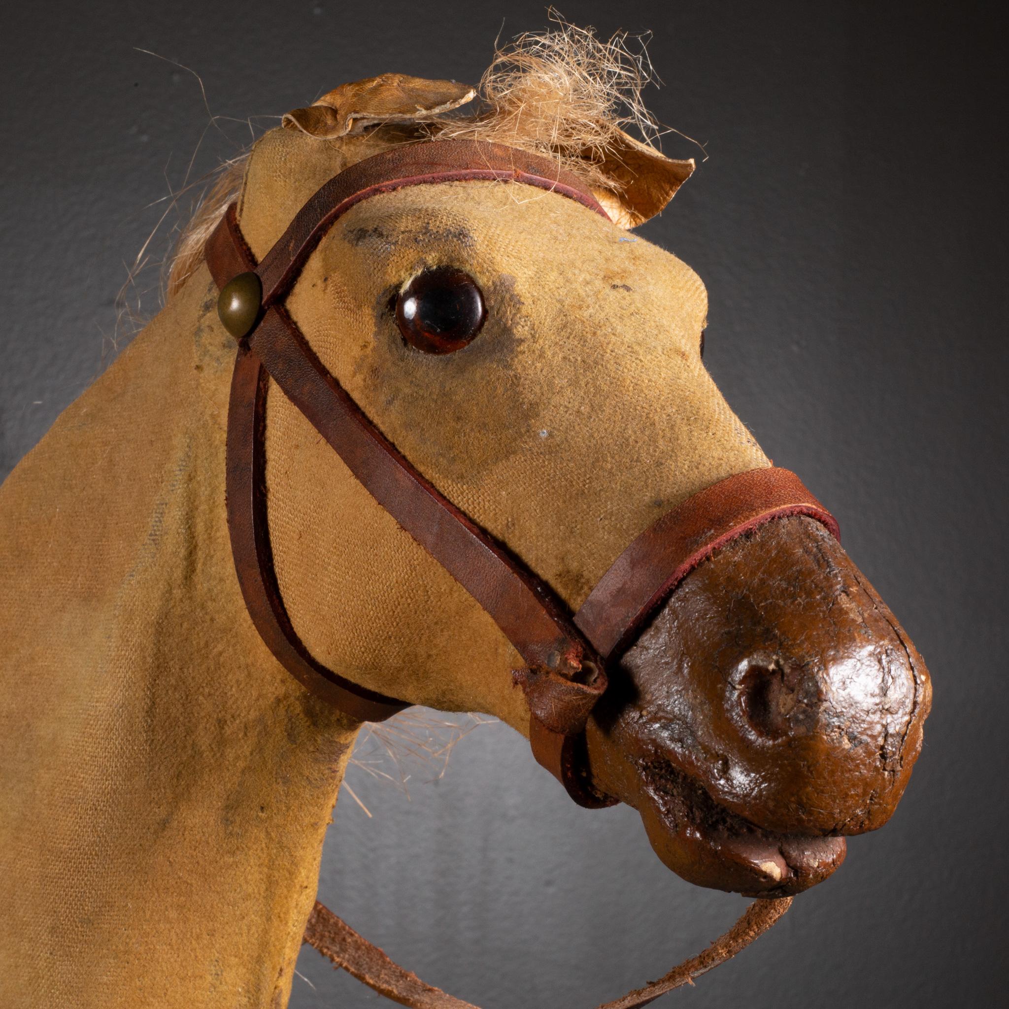20th Century Early 20th c. Wood and Leather Horse Pull Toy c.1930 For Sale
