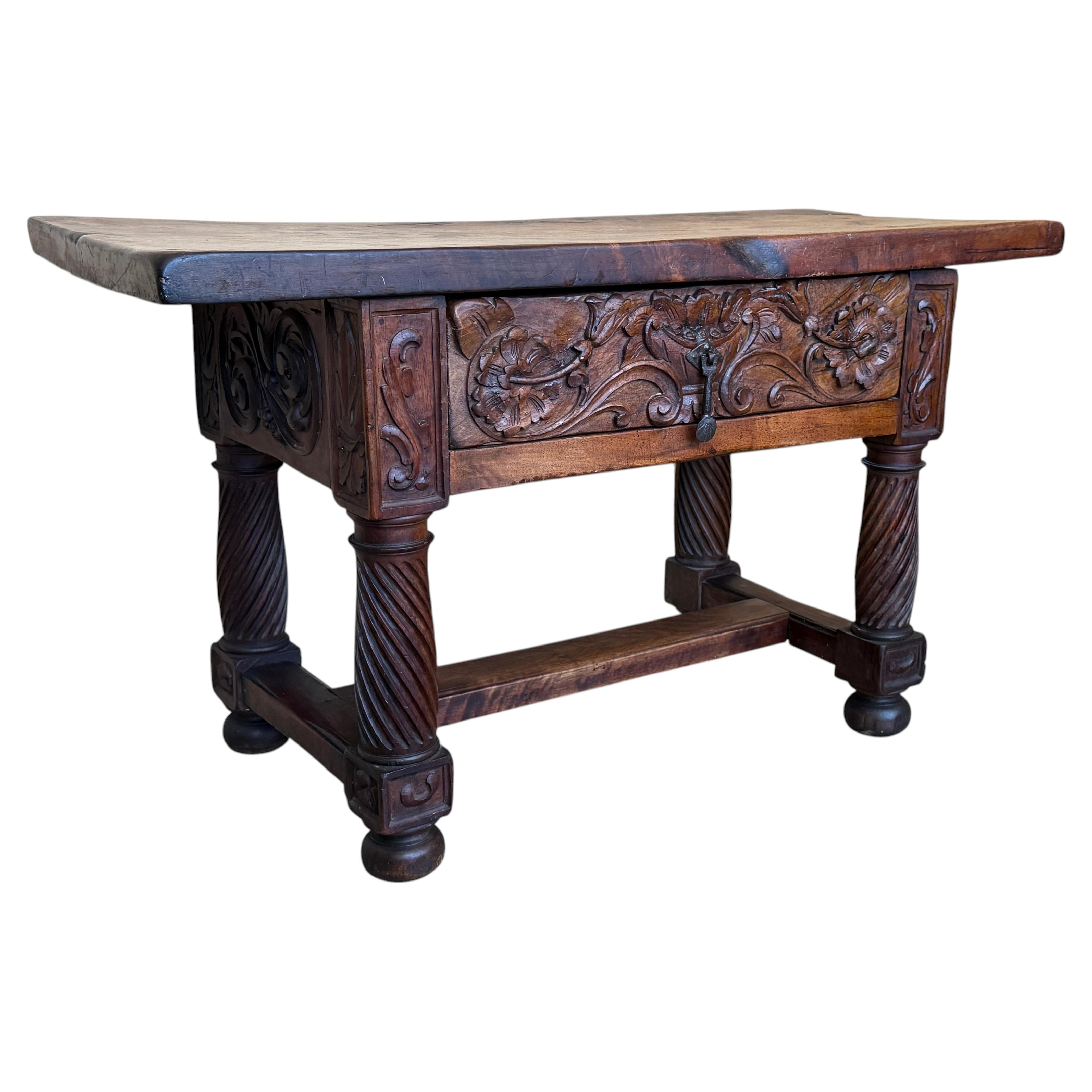 Late 19th Carved Walnut Side or Coffee Table with drawer