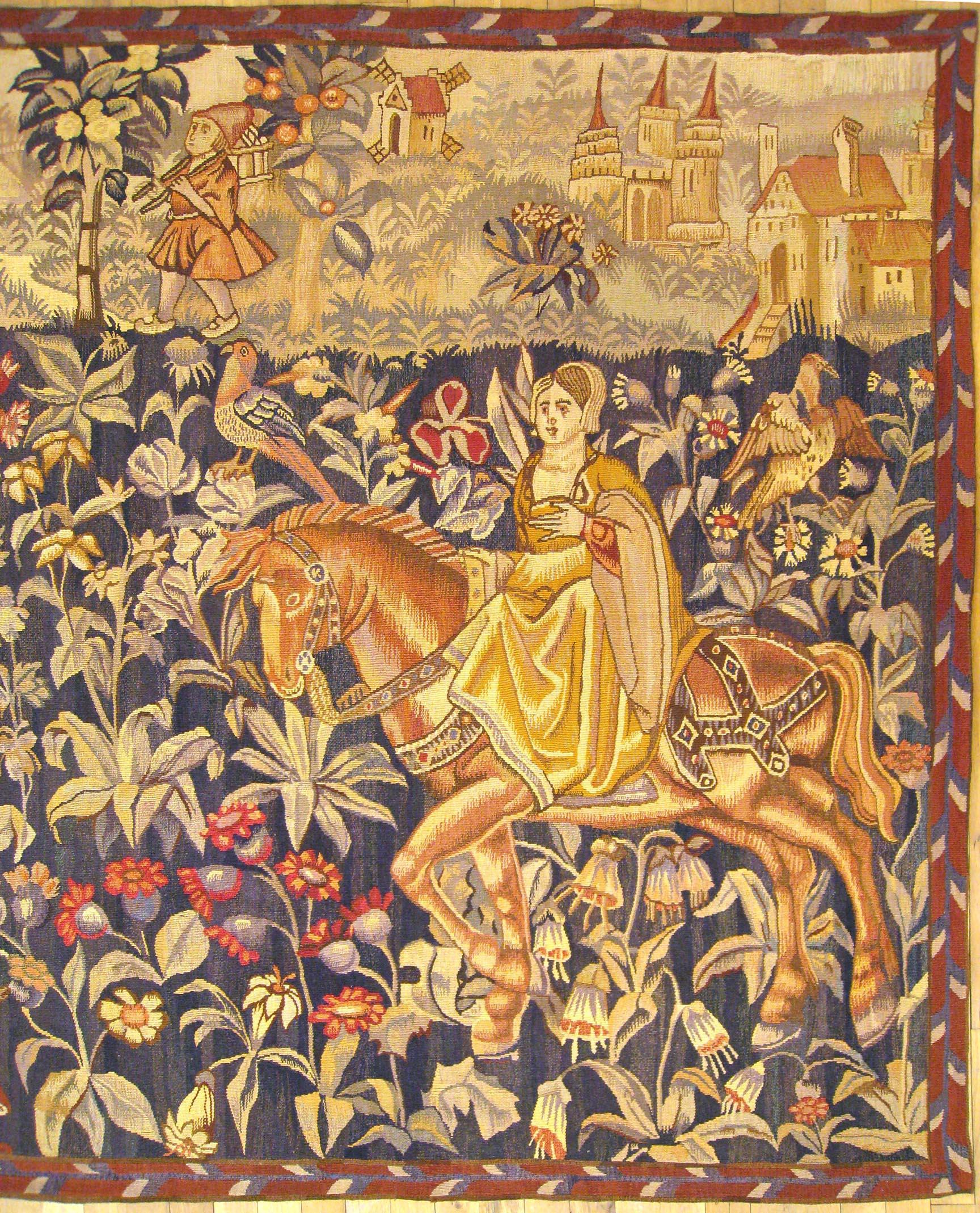 Late 19th Cent. French Hunting Tapestry, Riders on Horses in Mille Fleurs Setting In Good Condition For Sale In New York, NY