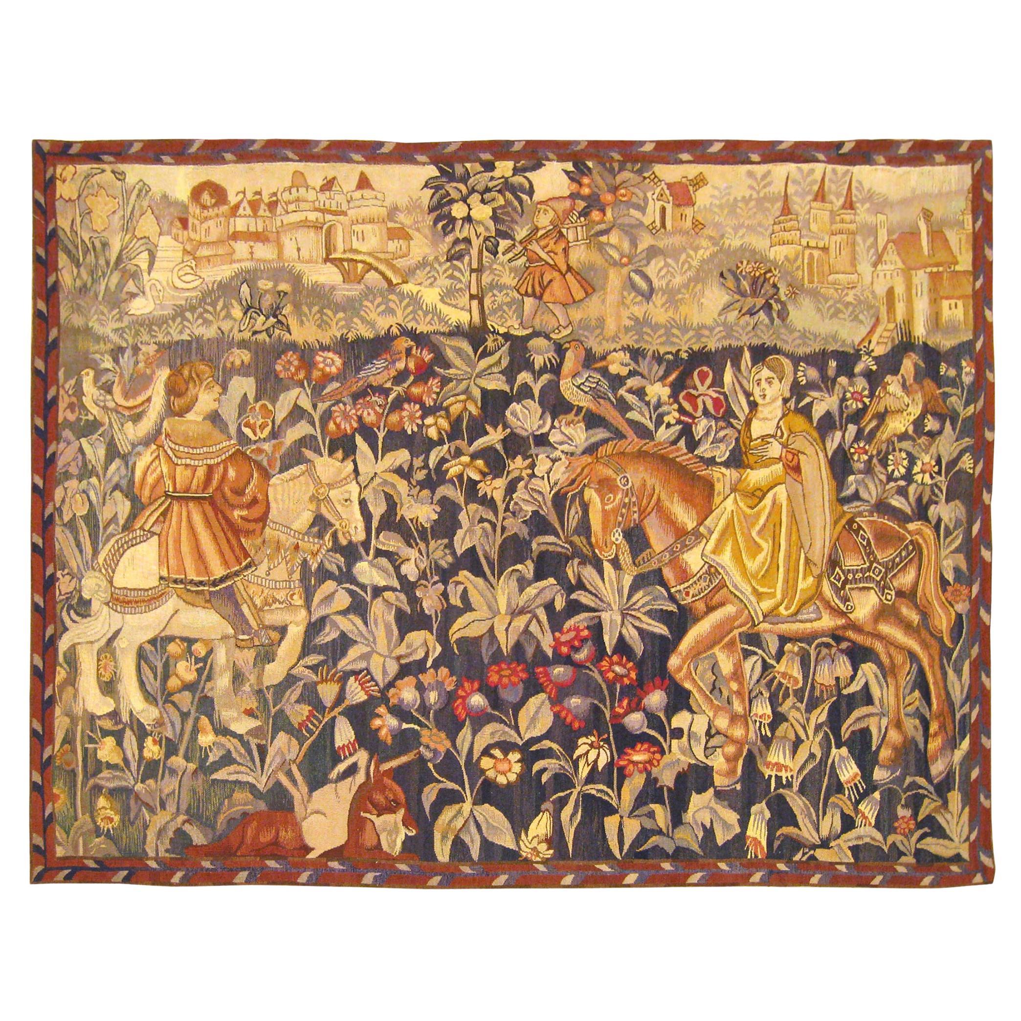 Late 19th Cent. French Hunting Tapestry, Riders on Horses in Mille Fleurs Setting