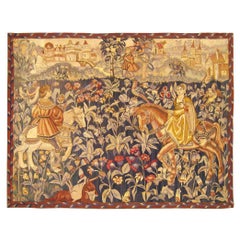Late 19th Cent. French Hunting Tapestry,Riders on Horses in Mille Fleurs Setting