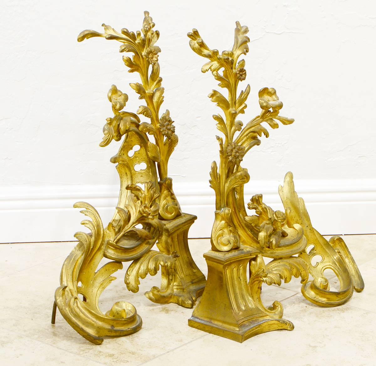 Rococo Pair of French Louis XV Style Richly Modeled Gilt Bronze Chenets