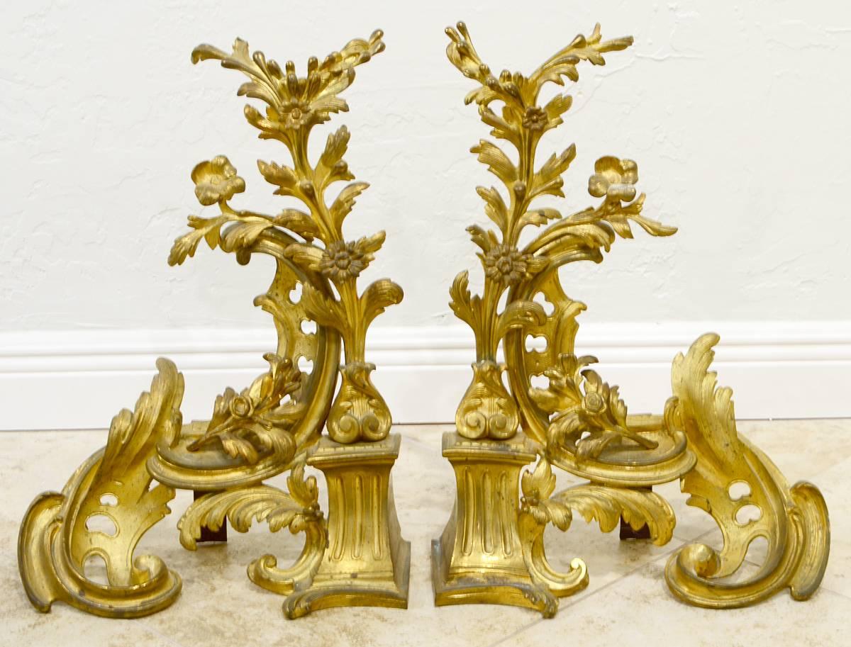 Pair of French Louis XV Style Richly Modeled Gilt Bronze Chenets In Good Condition In Ft. Lauderdale, FL