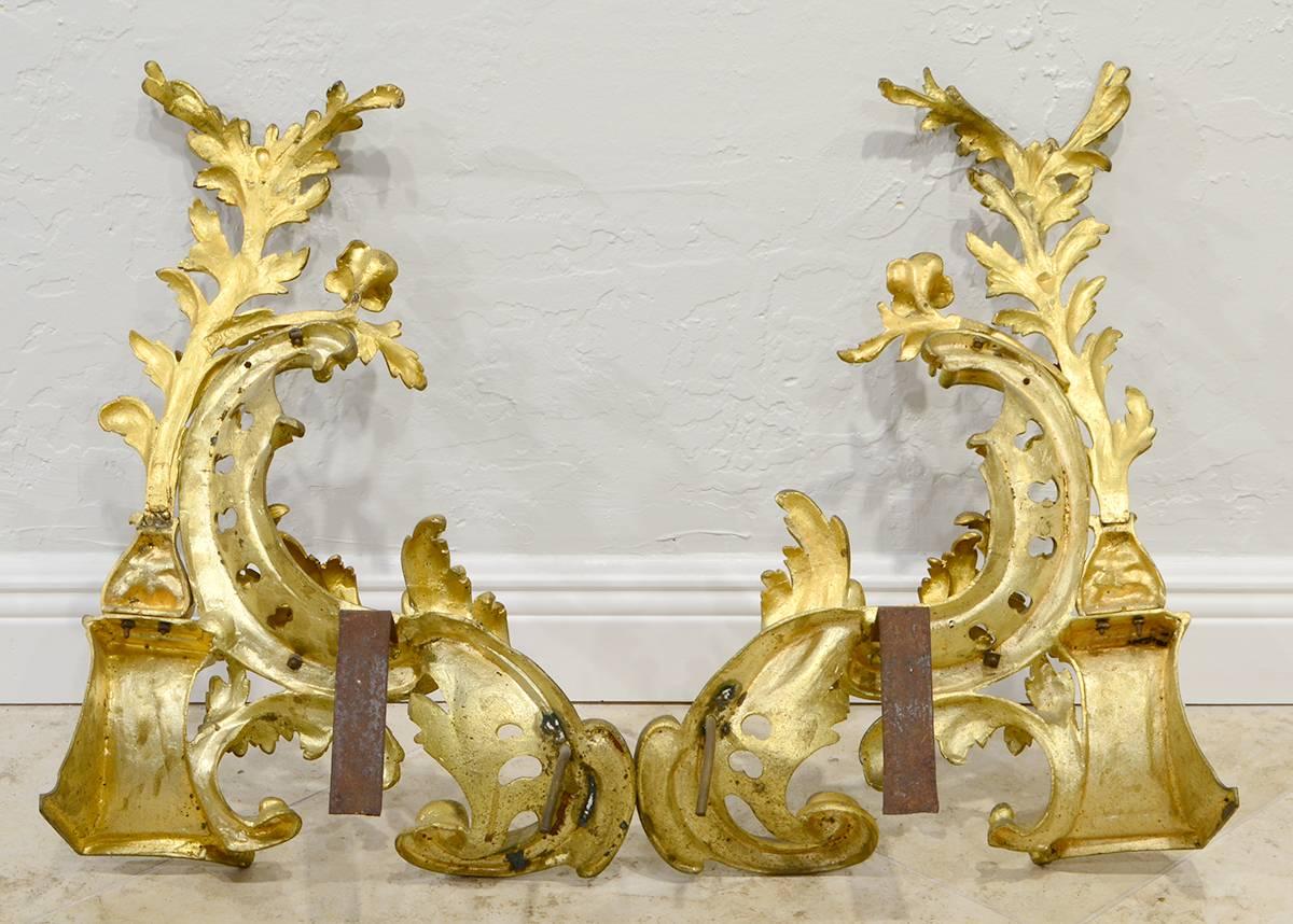 19th Century Pair of French Louis XV Style Richly Modeled Gilt Bronze Chenets