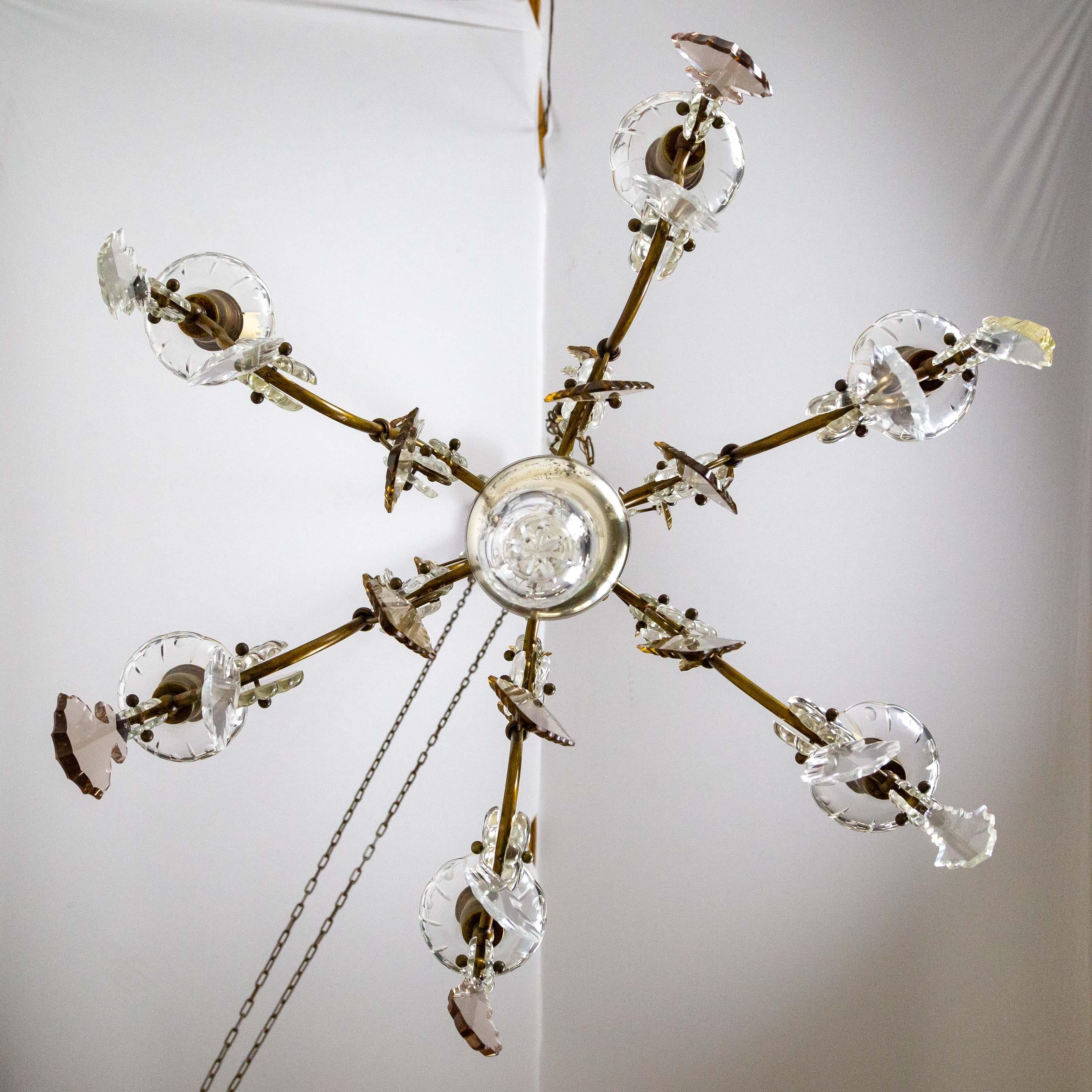 Brass Late 19th Cent. Venetian Smoke Crystal 6-Arm Chandelier For Sale