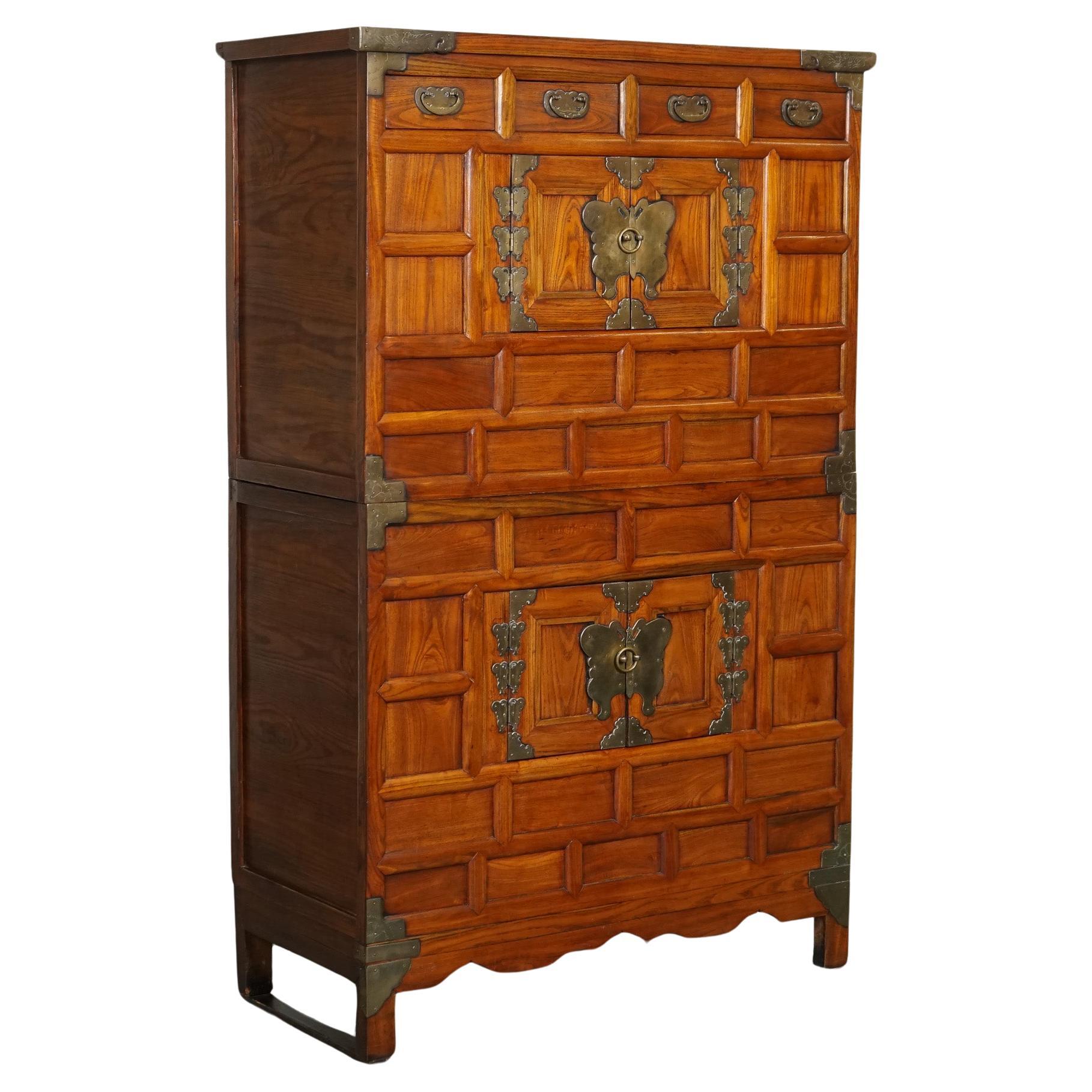 LATE 19TH CENTRY KOREAN ICH'UNG BUTTERFLY WEDDING CABINET CHEST BRASS FITiNGS J1 For Sale