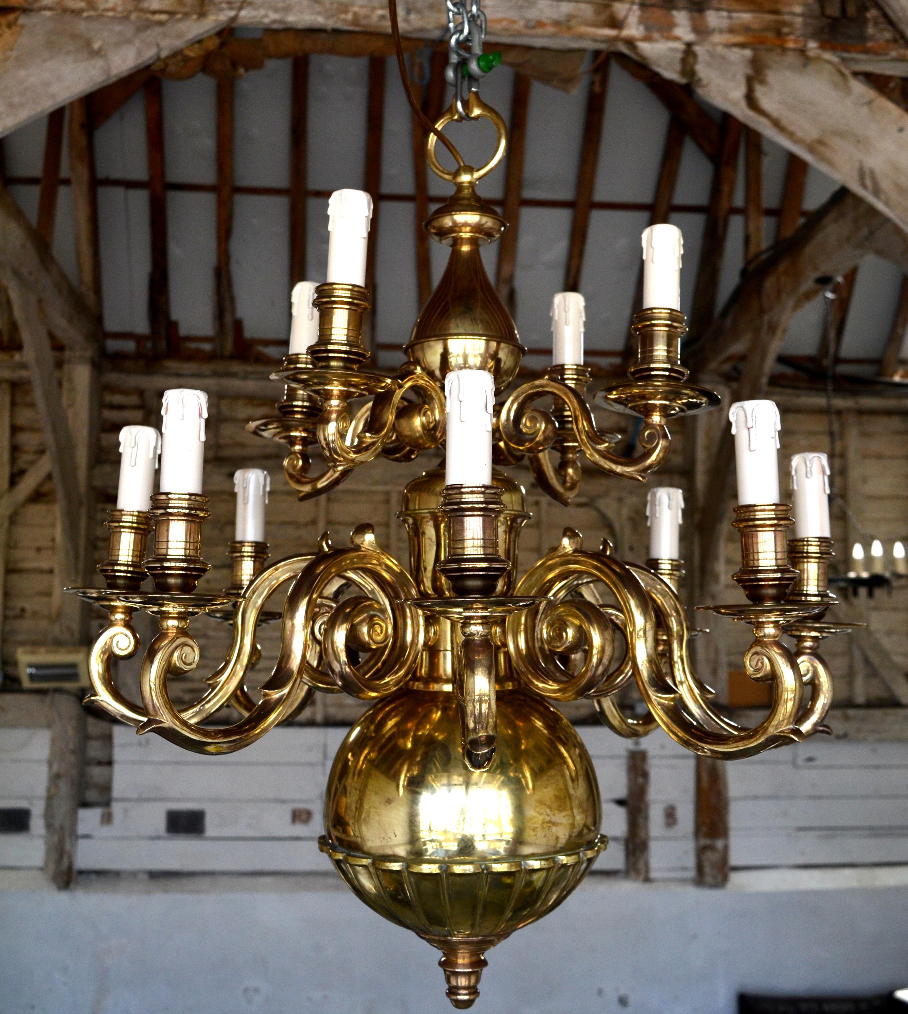 Belgian Late 19th Century 12 light Solid Brass Flemish style chandelier  For Sale