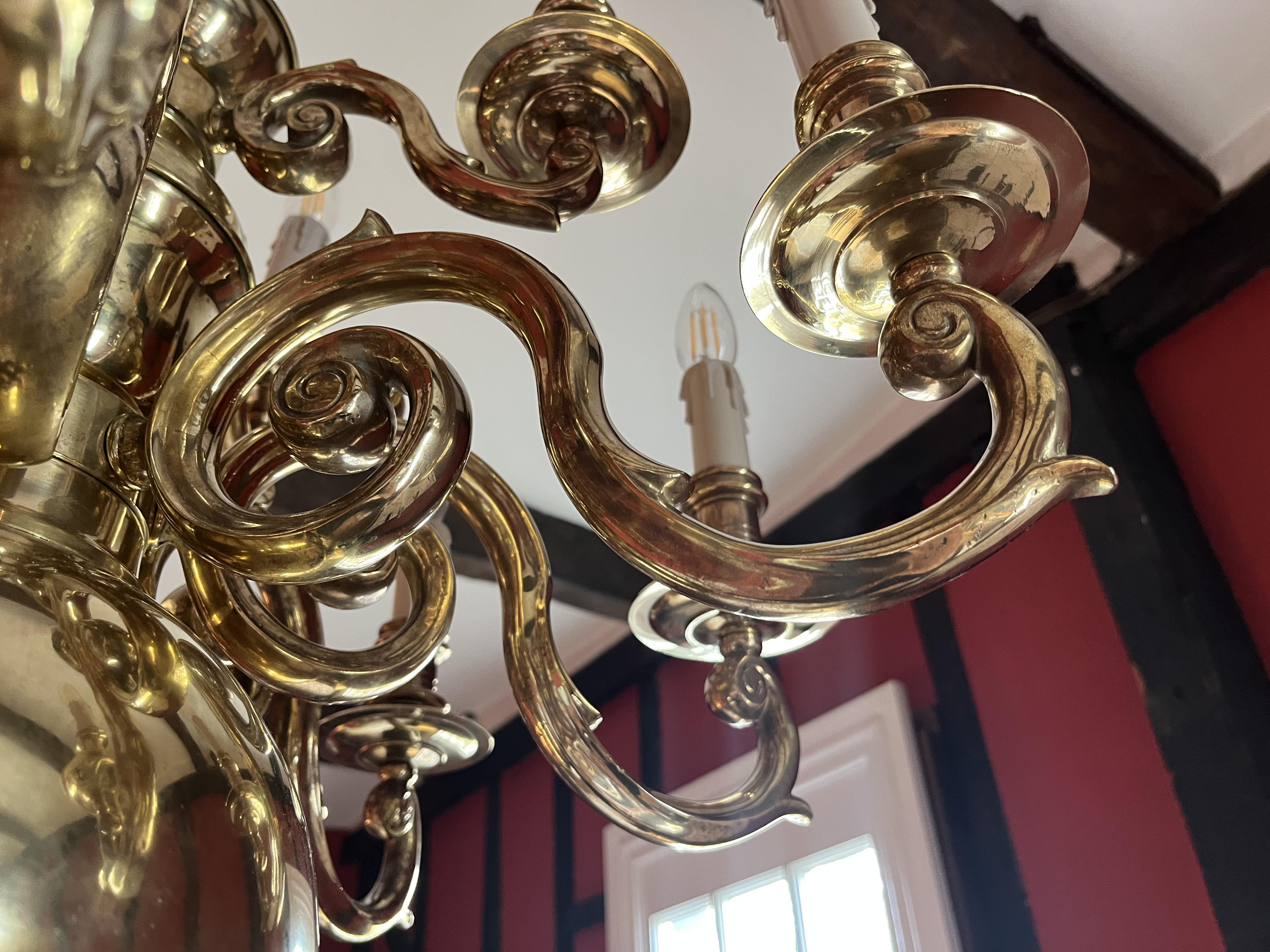 Late 19th Century 12 light Solid Brass Flemish style chandelier  For Sale 1