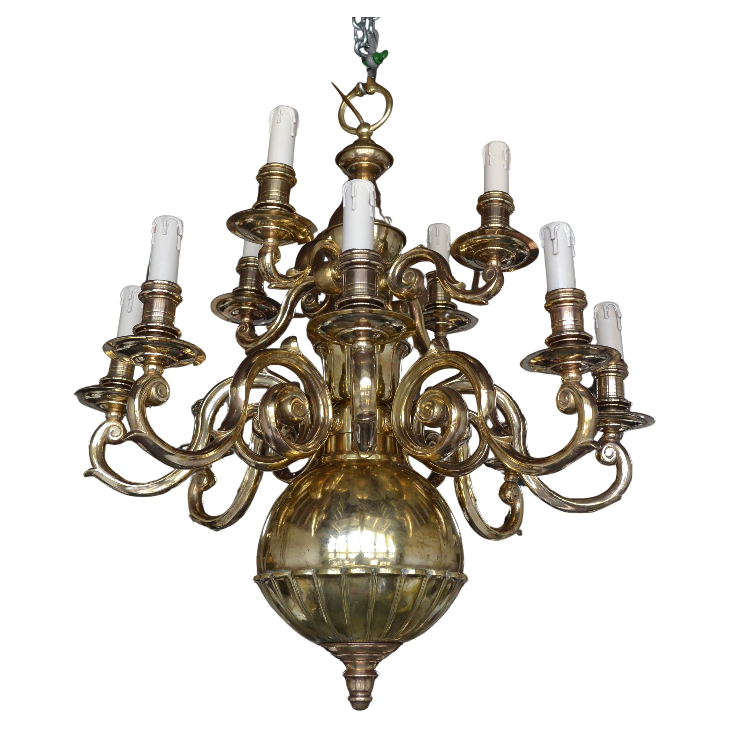 Late 19th Century 12 light Solid Brass Flemish style chandelier  For Sale