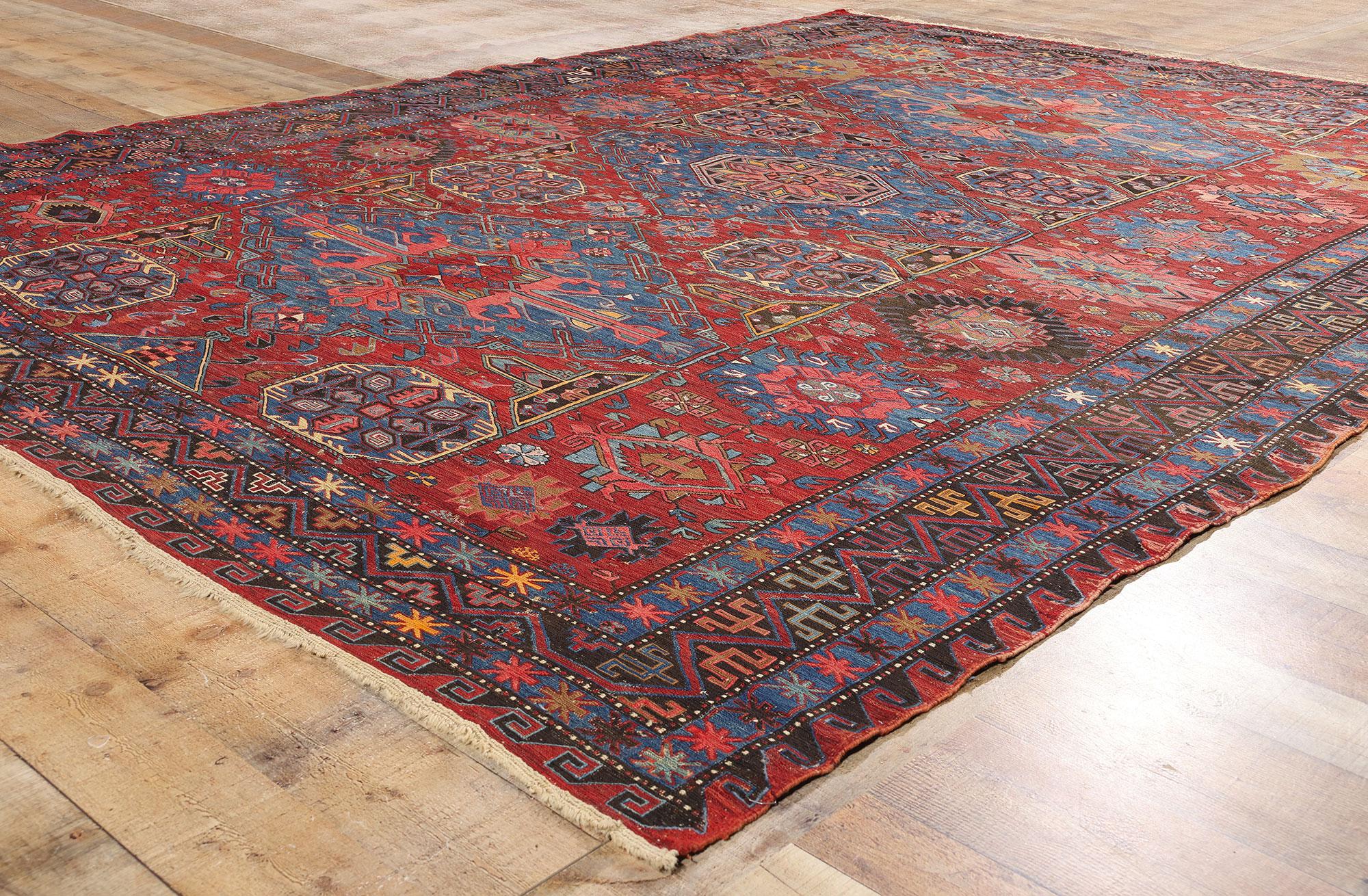 Lana Tappeto Soumak caucasico antico della fine del XIX secolo, 08'06 x 11'05 in vendita