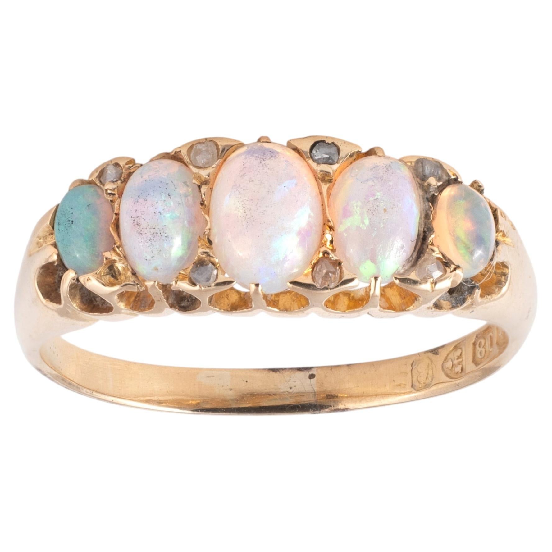 Victorian 18ct Yellow Gold Five Stone Opal Ring, Late 19th Century