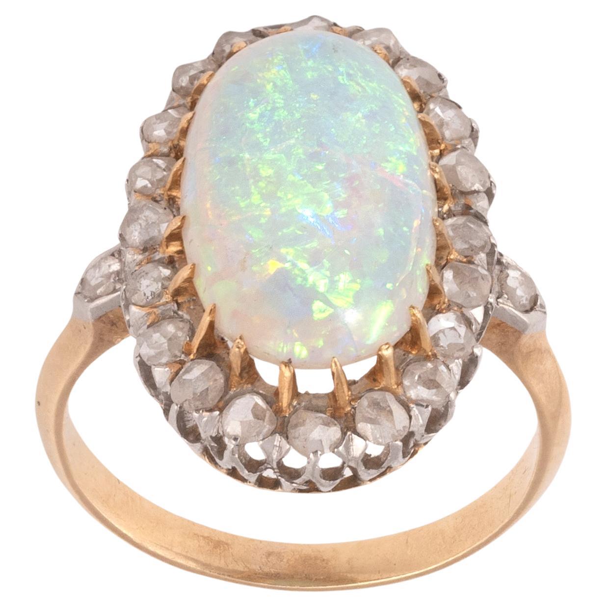 Cabochon Late 19th Century 18kt Gold Diamond And Oval Opal Ring For Sale