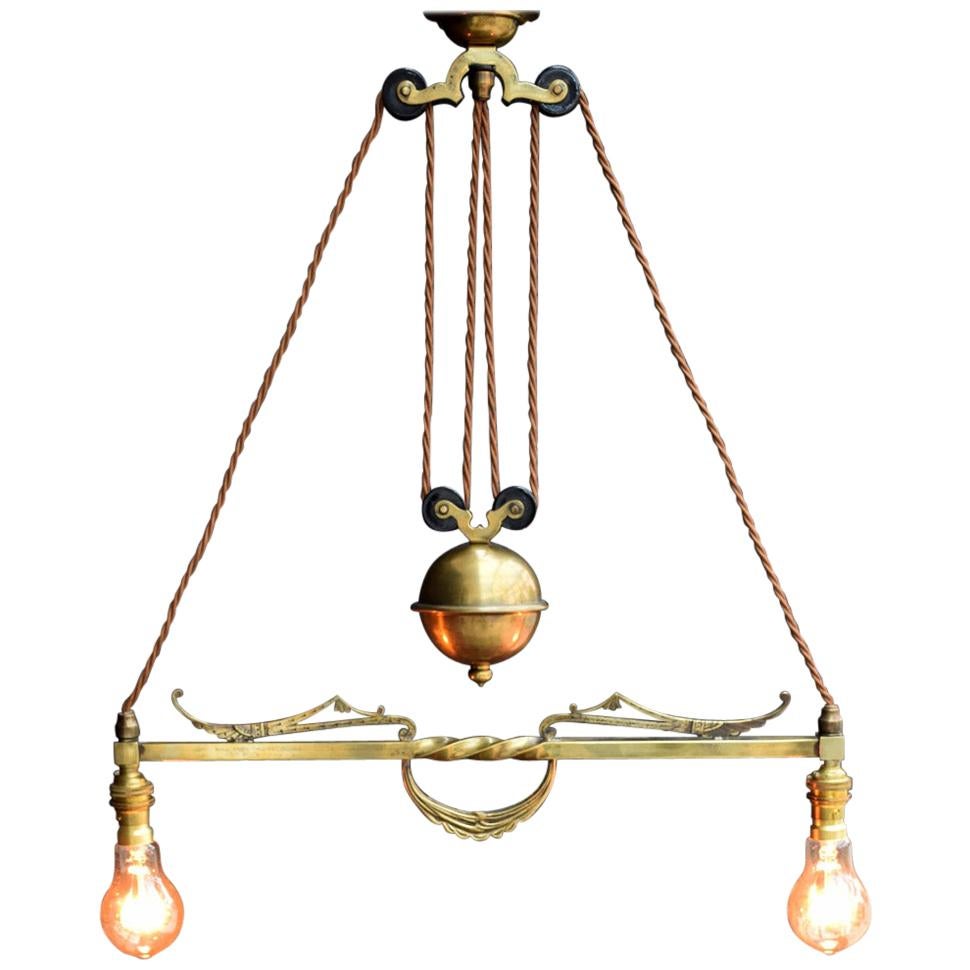 Late 19th Century 2-Branch Brass Rise and Fall Chandelier Ceiling Light Stamped