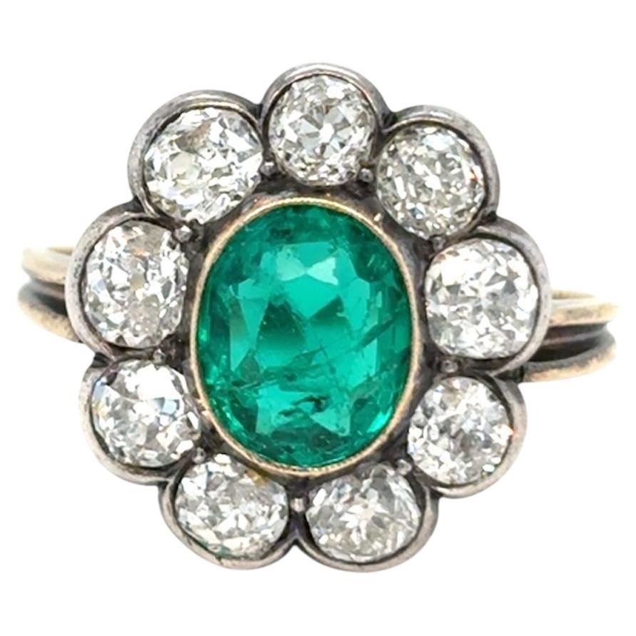 Belle Epoque 2.00 Carat Emerald Diamond Gold/Silver Cluster Ring