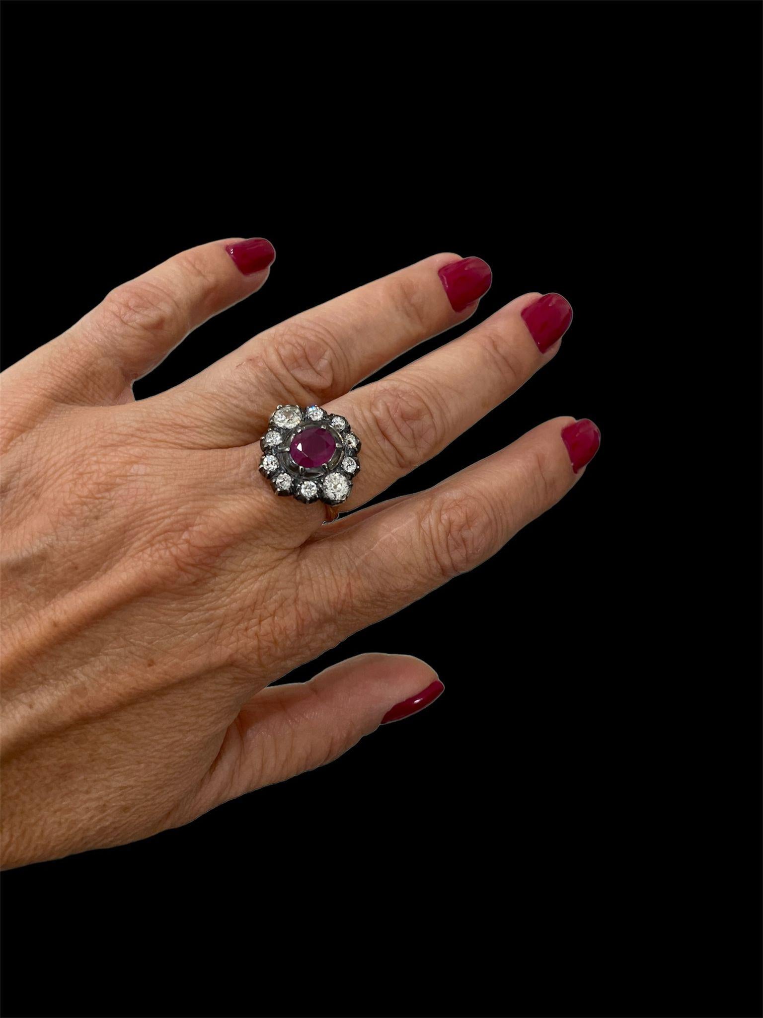 Late 19th century 2.05 Carat Ruby Diamond Gold Cluster Ring For Sale 4