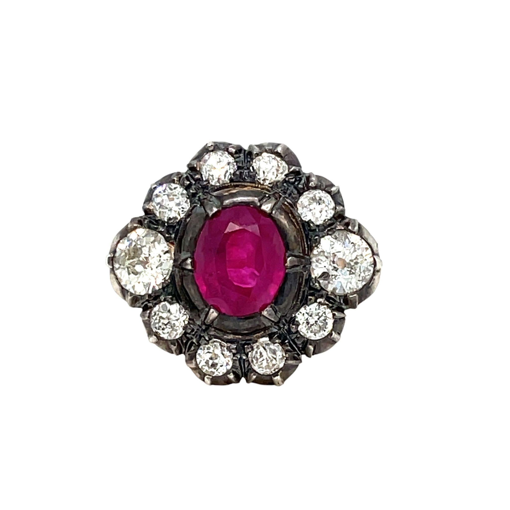 Victorian Late 19th century 2.05 Carat Ruby Diamond Gold Cluster Ring For Sale