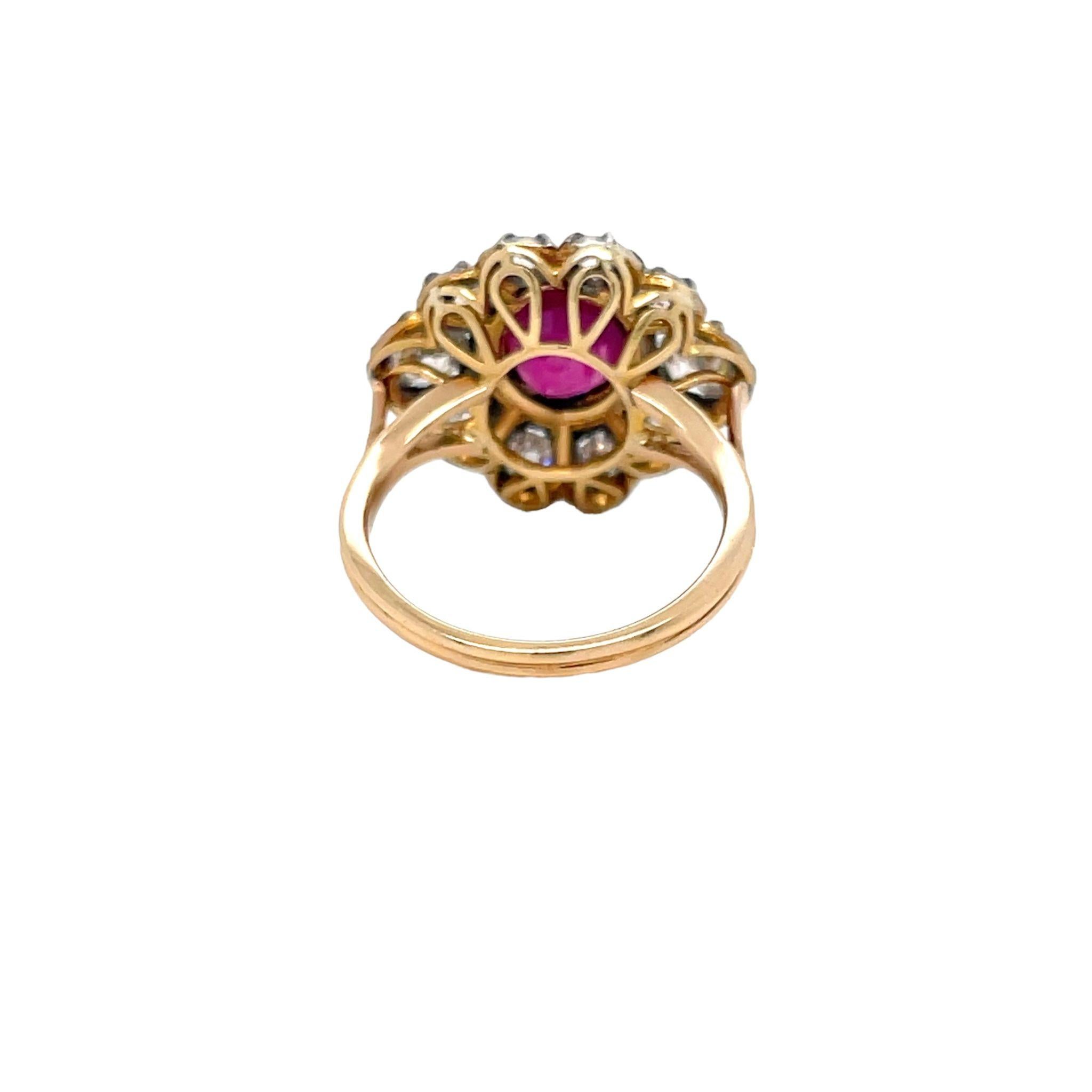 Late 19th century 2.05 Carat Ruby Diamond Gold Cluster Ring In Excellent Condition For Sale In Napoli, Italy