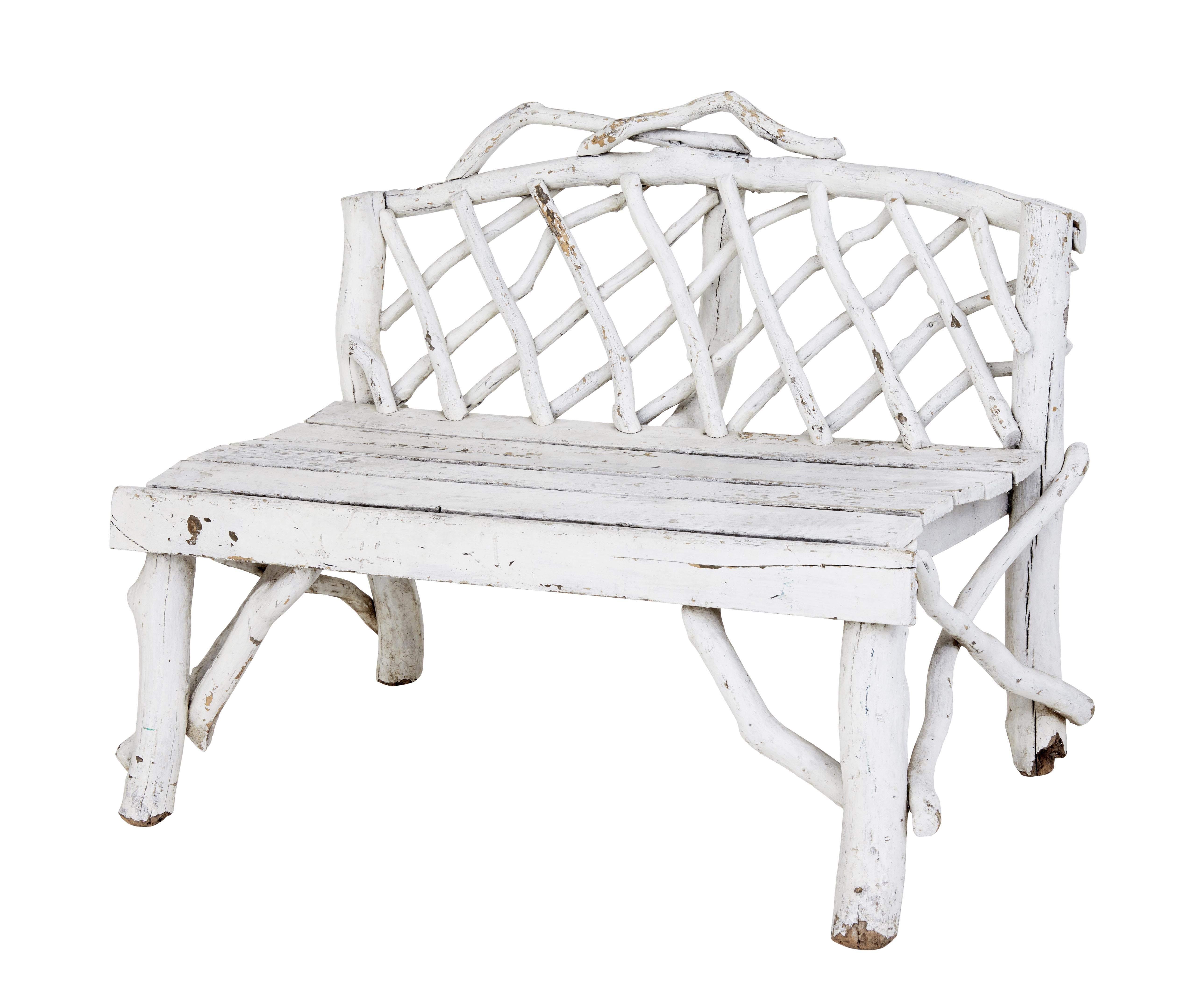 Late 19th century 4-piece bentwood garden furniture, circa 1890.

Unusual Swedish made garden set comprising of 2 chairs, sofa and a table. Made from naturally sourced birch then arranged to form this Folk Art style furniture.

Painted white