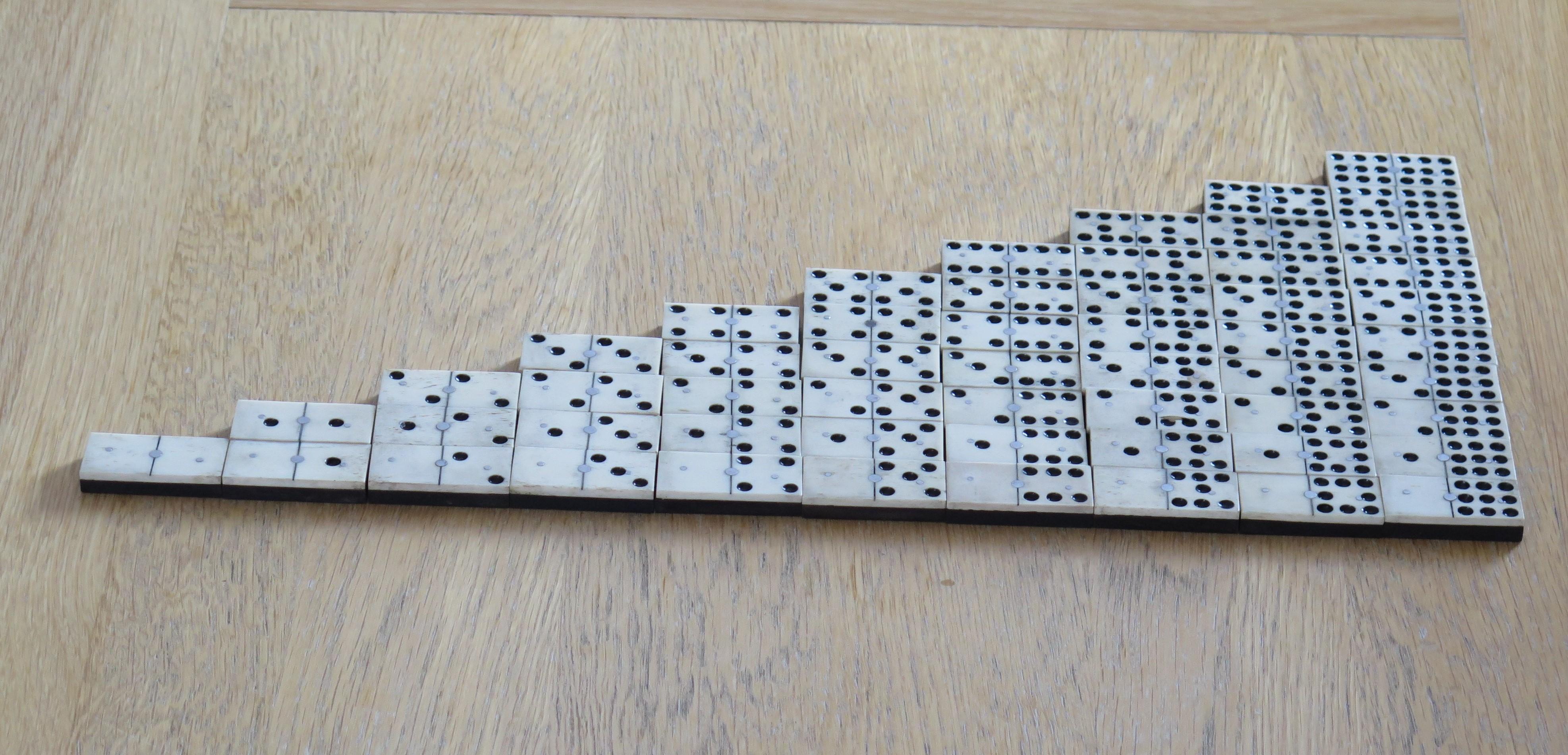 Dominoe-Spiel „9-Schale“ aus dem späten 19. Jahrhundert, 55-teilig, in zusammengefasster Hartholzschachtel im Angebot 1