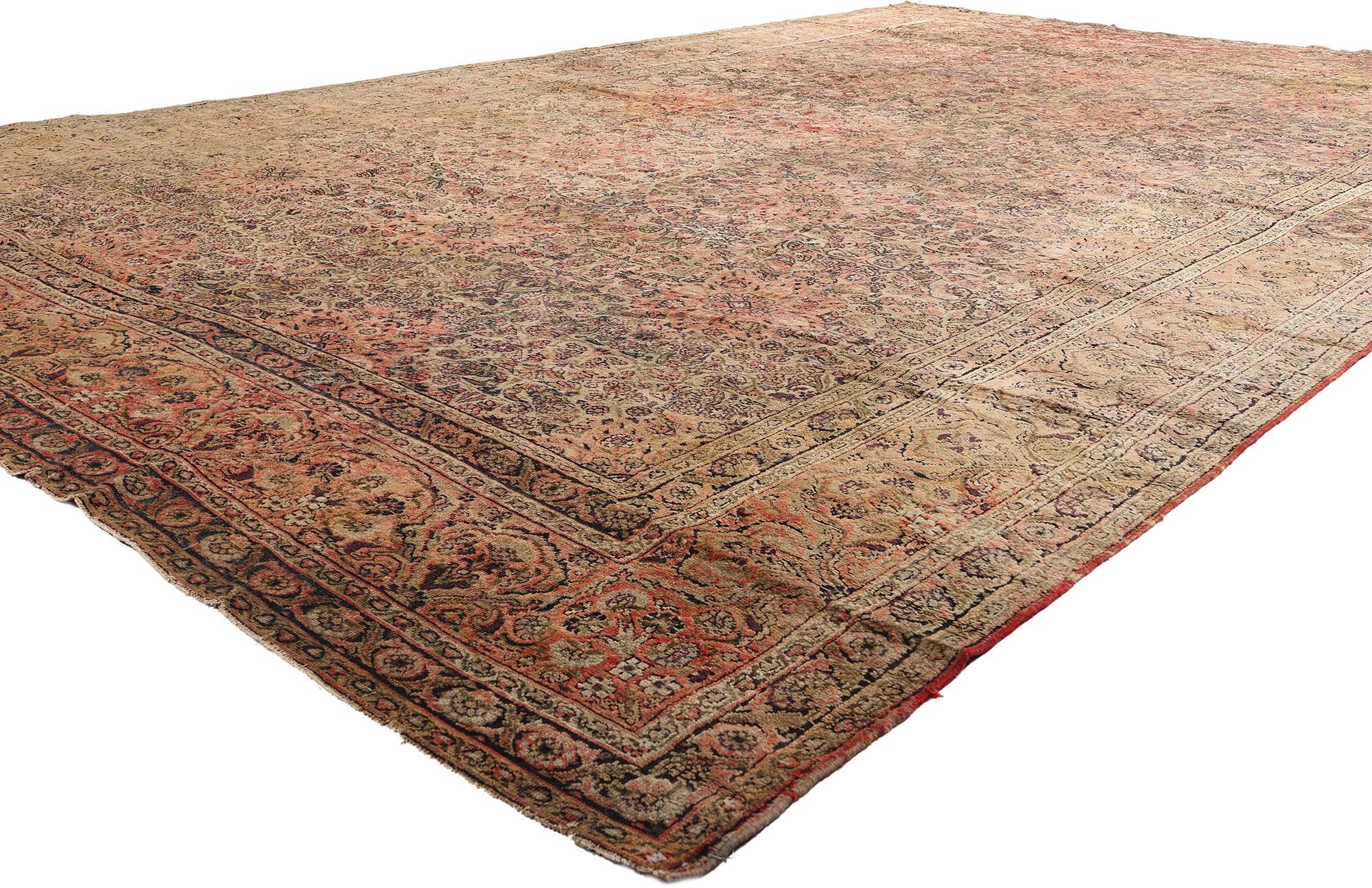 71060 Tappeto Agra indiano antico della fine del XIX secolo, 11'06 x 17'10. Tessuto nella grande tradizione dell'artigianato indiano del XIX secolo, questo squisito tappeto antico Agra in lana annodato a mano è una testimonianza dell'eredità