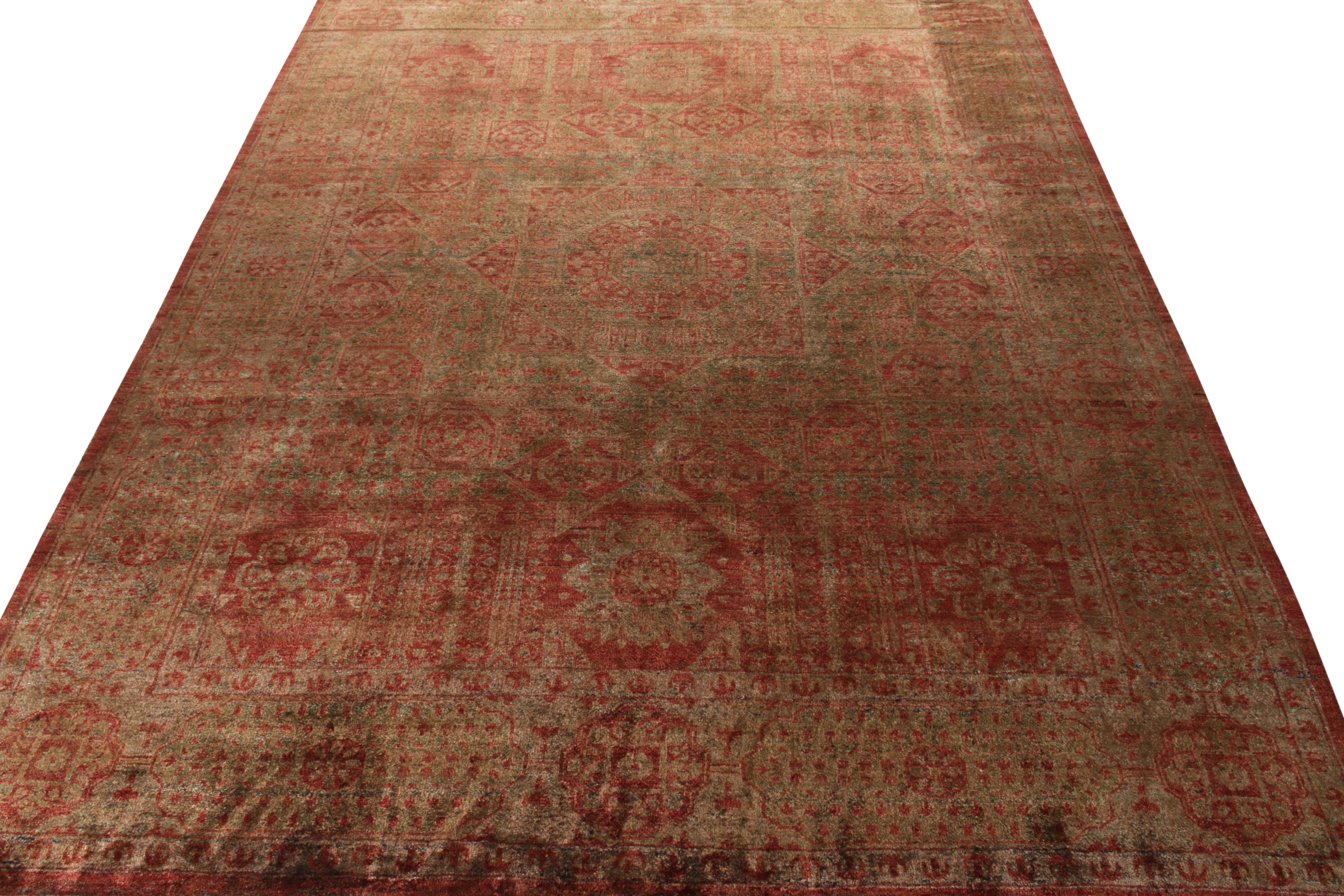 Un tapis en soie de 9 x 13 inspiré d'Agra et des styles de la fin du 19e siècle, rejoignant la Collection Modern Classics de Rug & Kilim. Le dessin présente des motifs géométriques et floraux détaillés en médaillon dans un écarlate profond juxtaposé