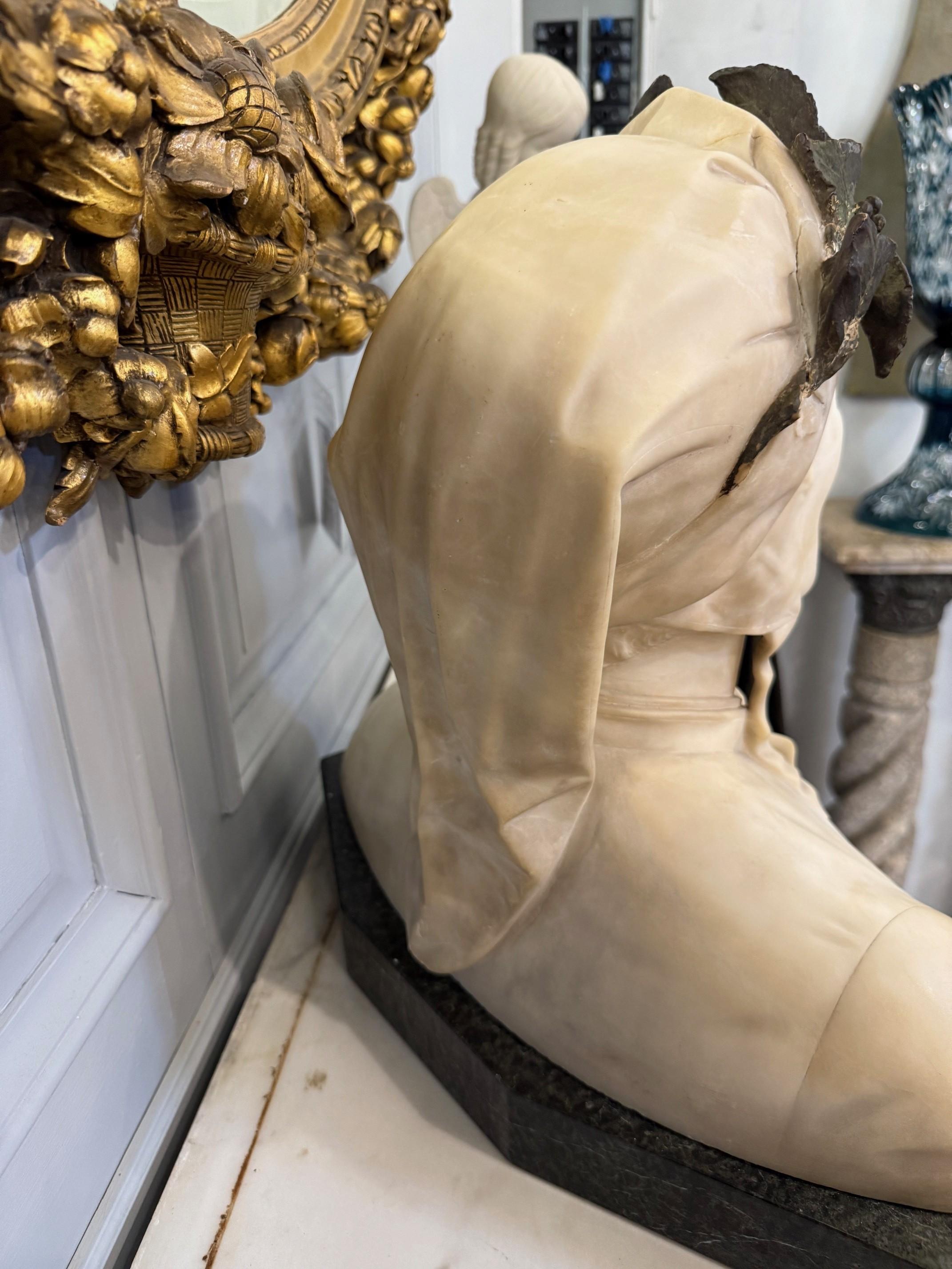 Late 19th Century Alabaster and Bronze Bust Dante Alighieri on a Marble Base For Sale 7
