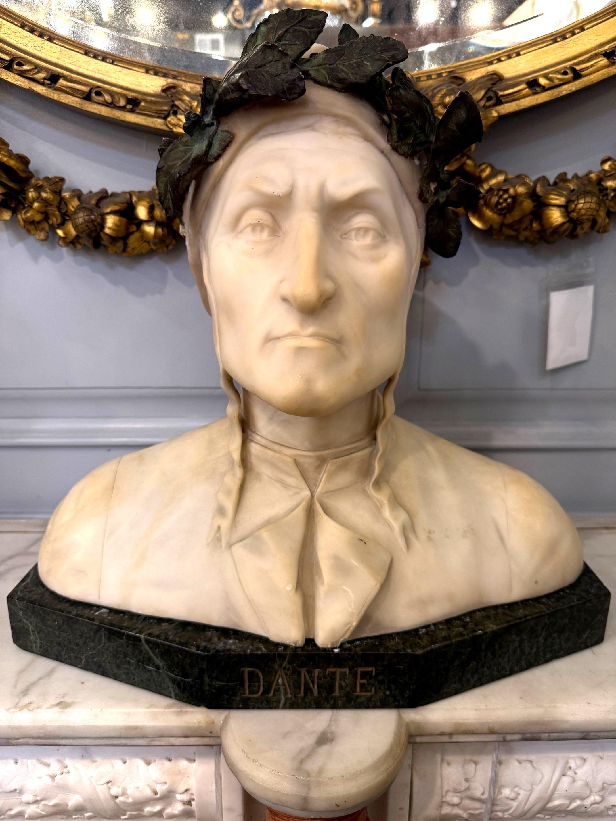 Late 19th Century alabaster and bronze bust of Dante Alighieri on a green marble base. This is a beautiful antique marble and bronze bust of the famed late 13th to early 14th century Italian philosopher, writer and poet, Dante Alighieri (1265-1321),